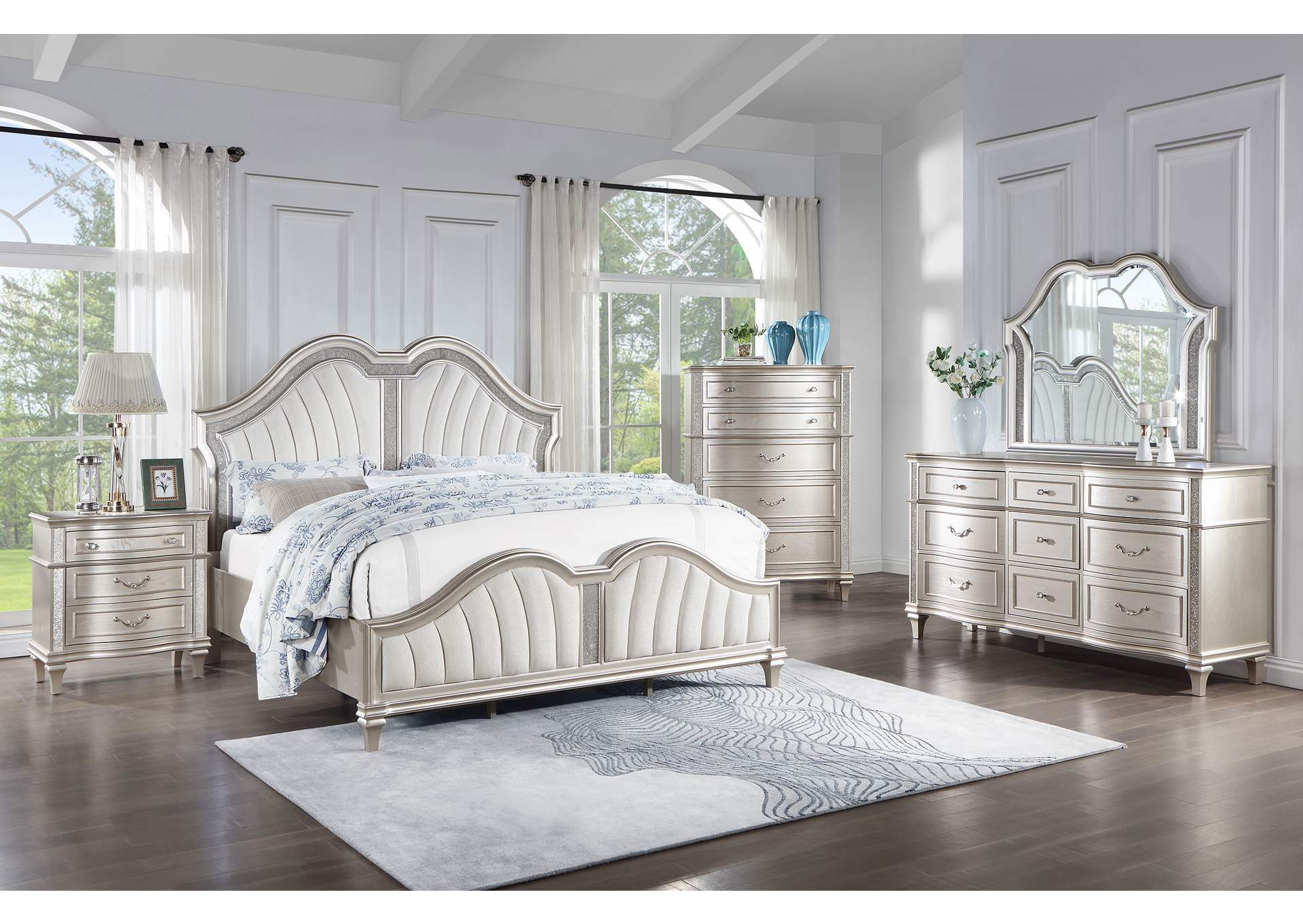 Evangeline Tufted Upholstered Platform Eastern King Bed Ivory and Silver Oak,Coaster Furniture