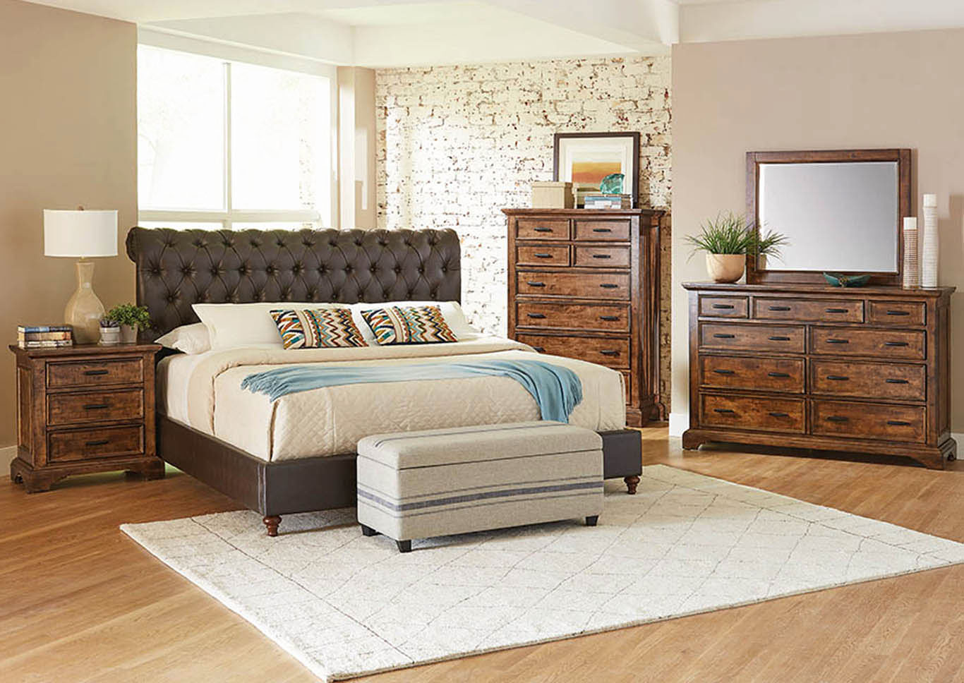 Gresham Brown & Bourbon Upholstered Eastern King 5 Piece Bedroom Set,Coaster Furniture