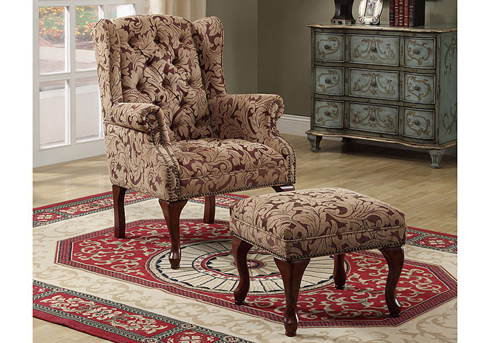 Tan & Cherry Button Tufted Wing Chair w/ Ottoman,ABF Coaster Furniture