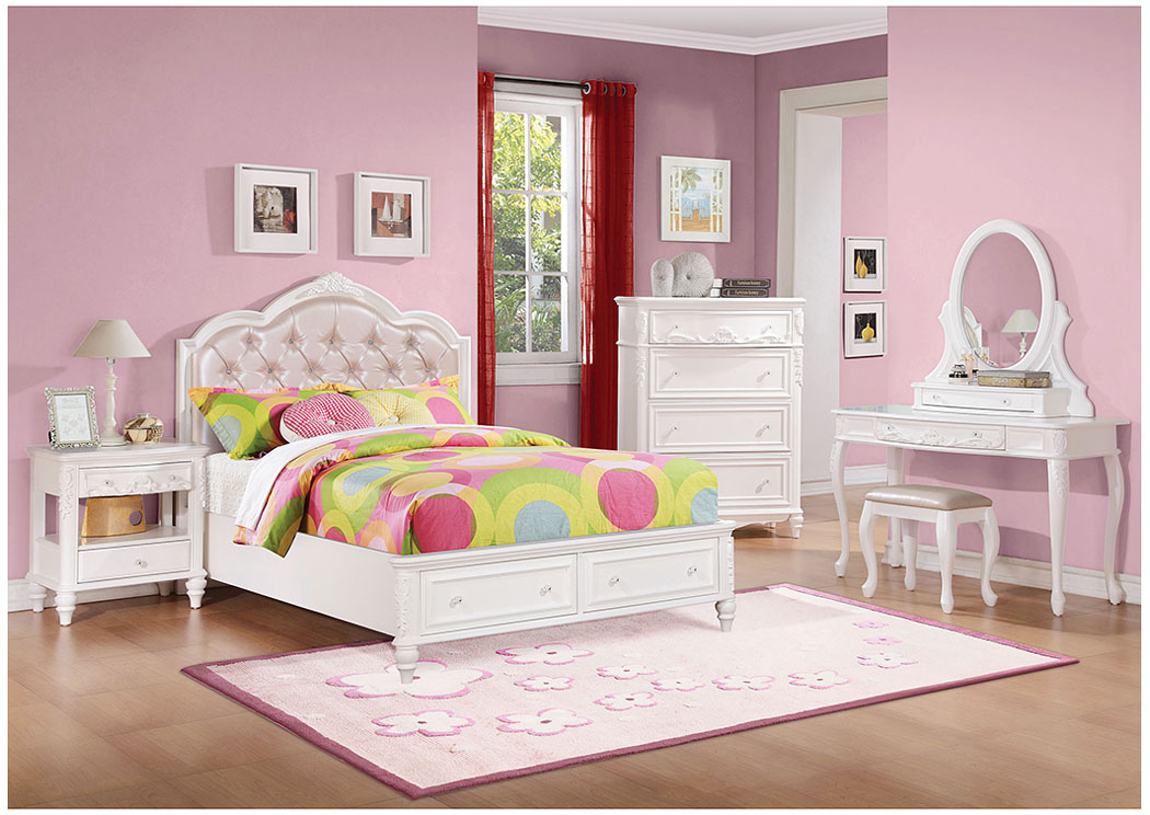 White Full Bed, Nightstand, Dresser, Mirror & Chest,ABF Coaster Furniture