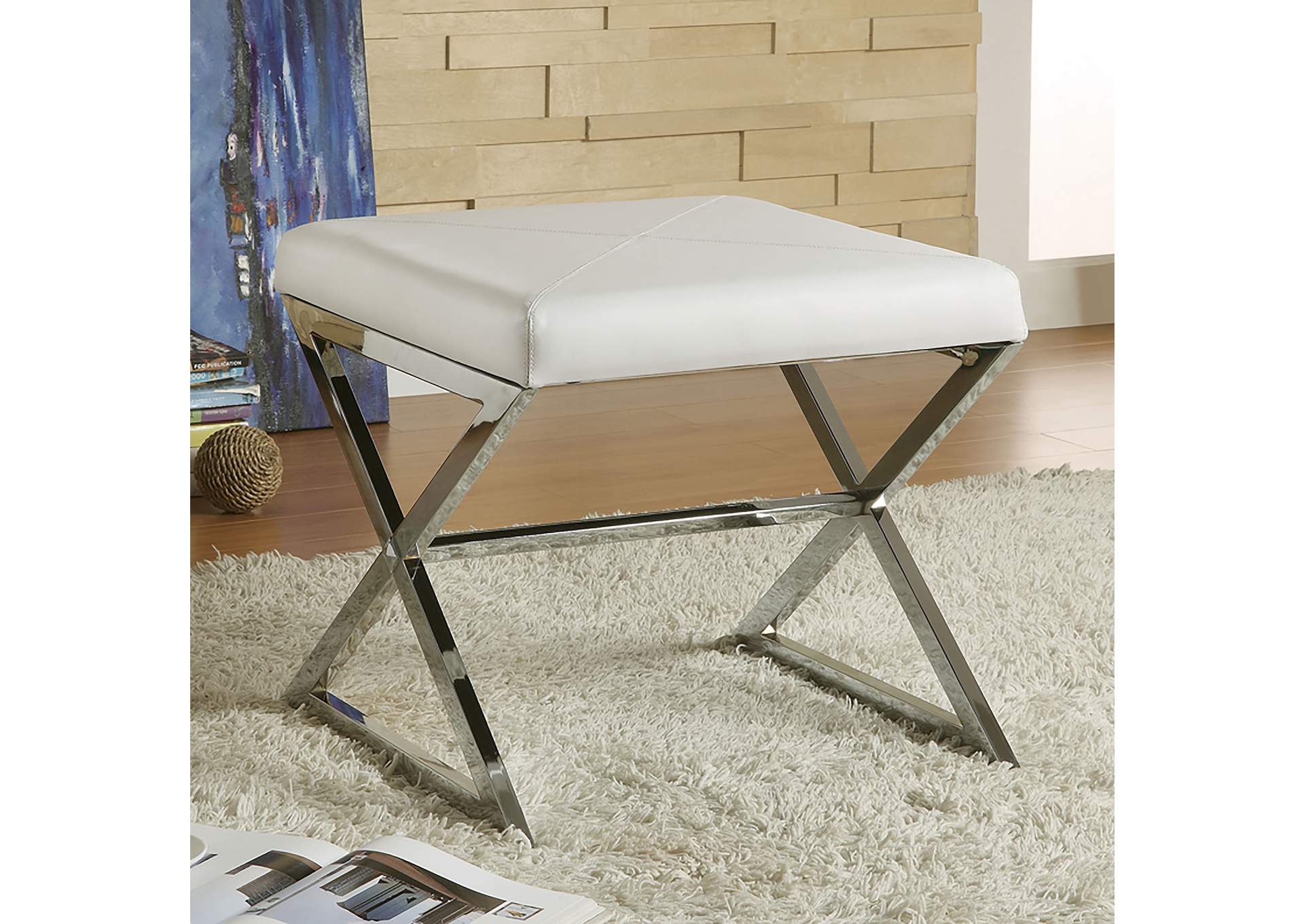 Rita X-cross Square Ottoman White and Chrome,Coaster Furniture