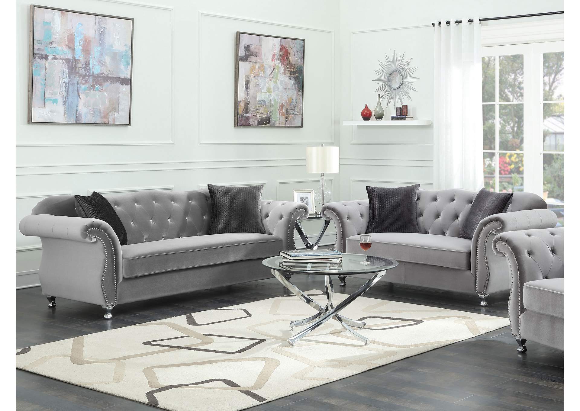 Frostine Upholstered Tufted Living Room Set Silver,Coaster Furniture