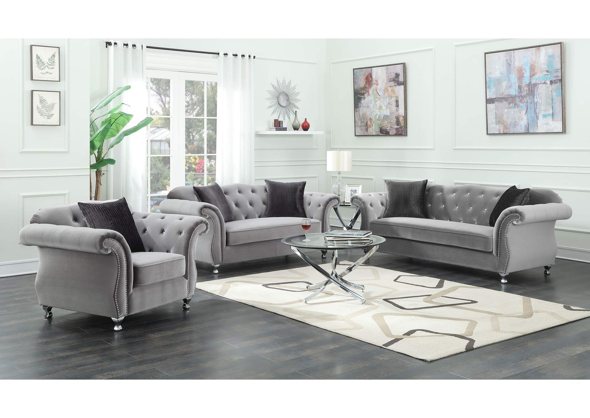 Frostine Upholstered Tufted Living Room Set Silver,Coaster Furniture