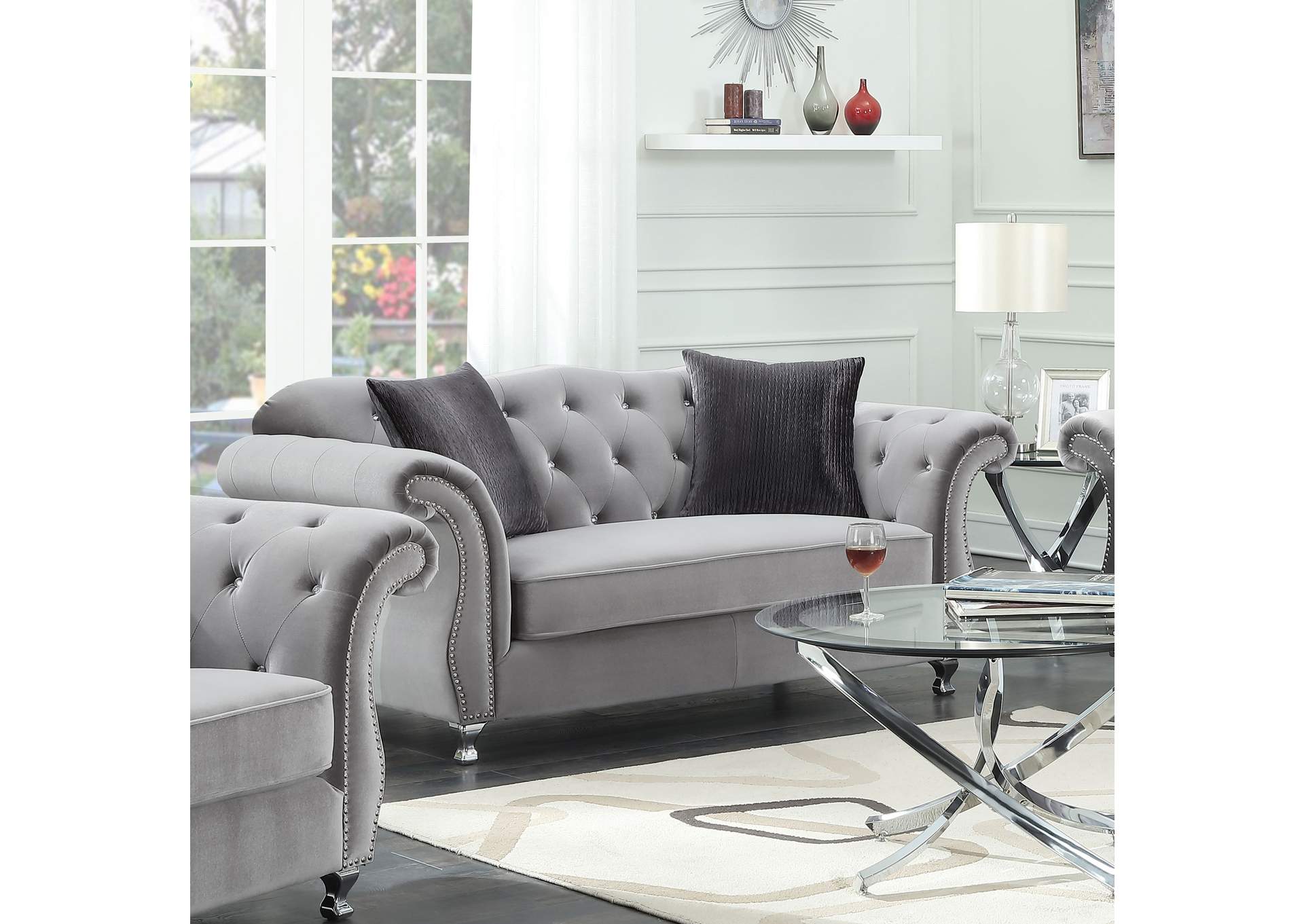 Frostine Button Tufted Loveseat Silver,Coaster Furniture