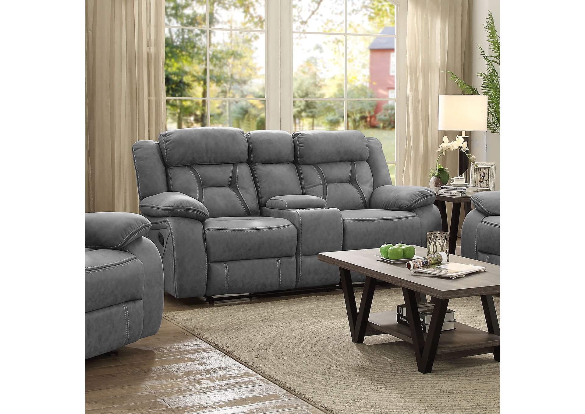 Higgins Pillow Top Arm Motion Loveseat with Console Grey,Coaster Furniture