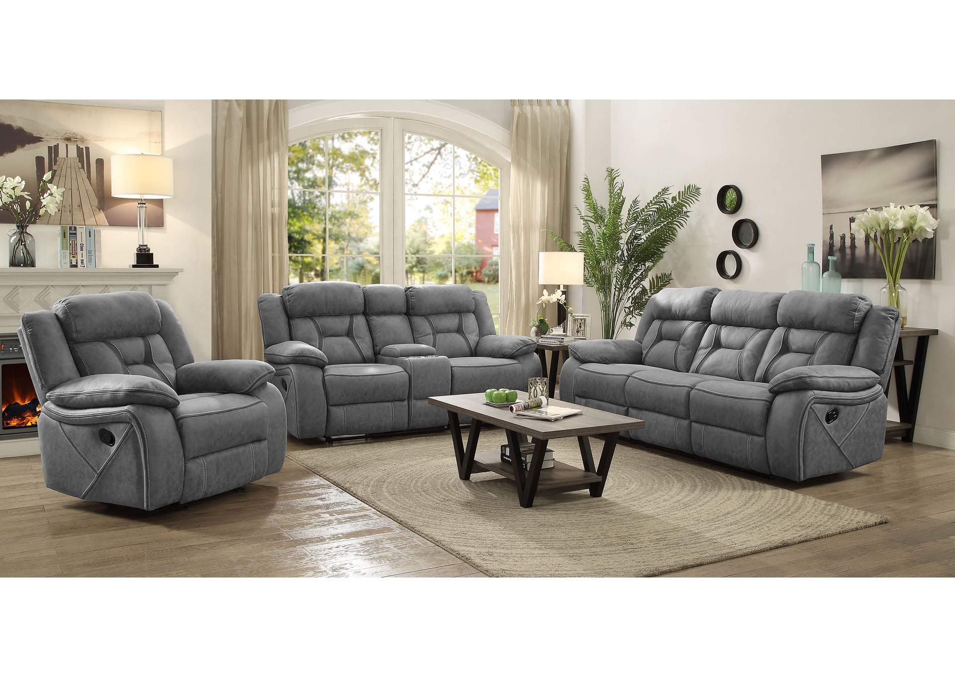 Higgins Pillow Top Arm Motion Loveseat with Console Grey,Coaster Furniture