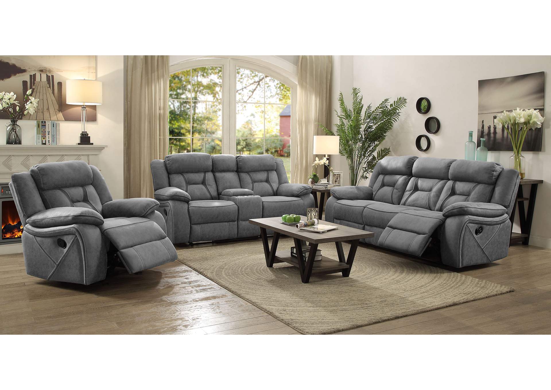 Higgins Pillow Top Arm Motion Loveseat with Console Grey,Coaster Furniture