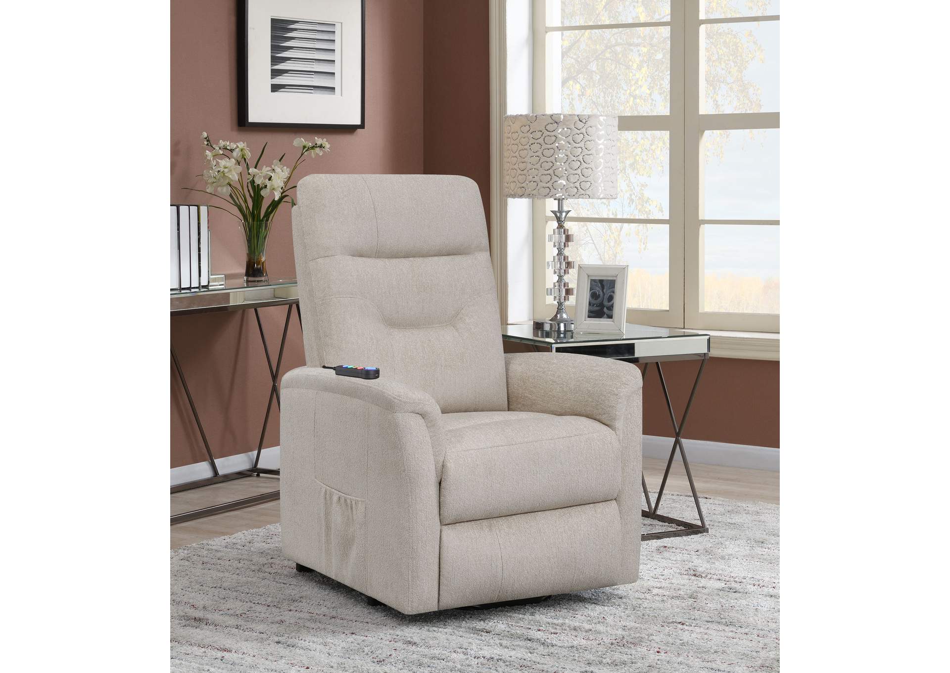 Henrietta Power Lift Recliner with Storage Pocket Beige,Coaster Furniture