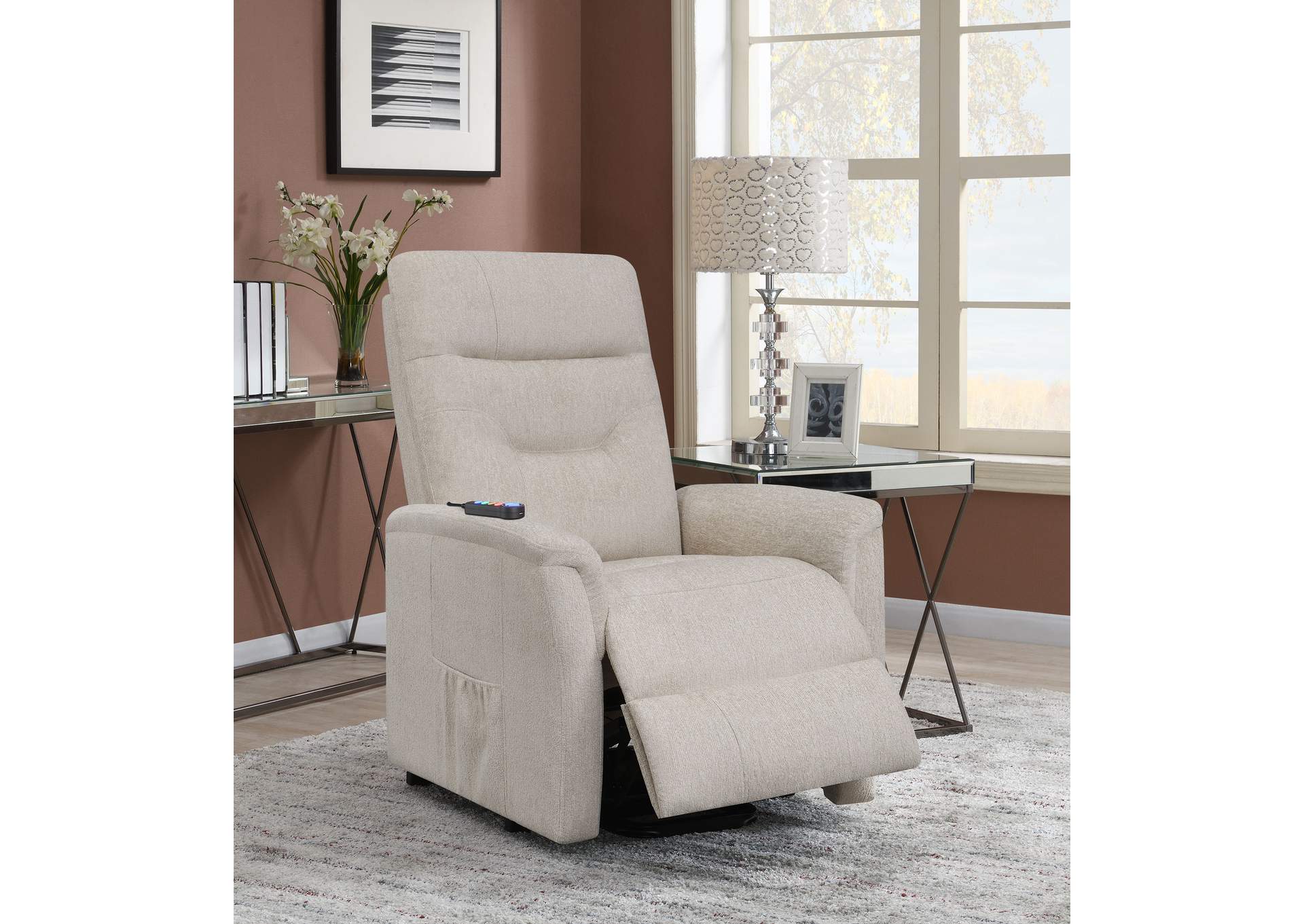 Henrietta Power Lift Recliner with Storage Pocket Beige,Coaster Furniture