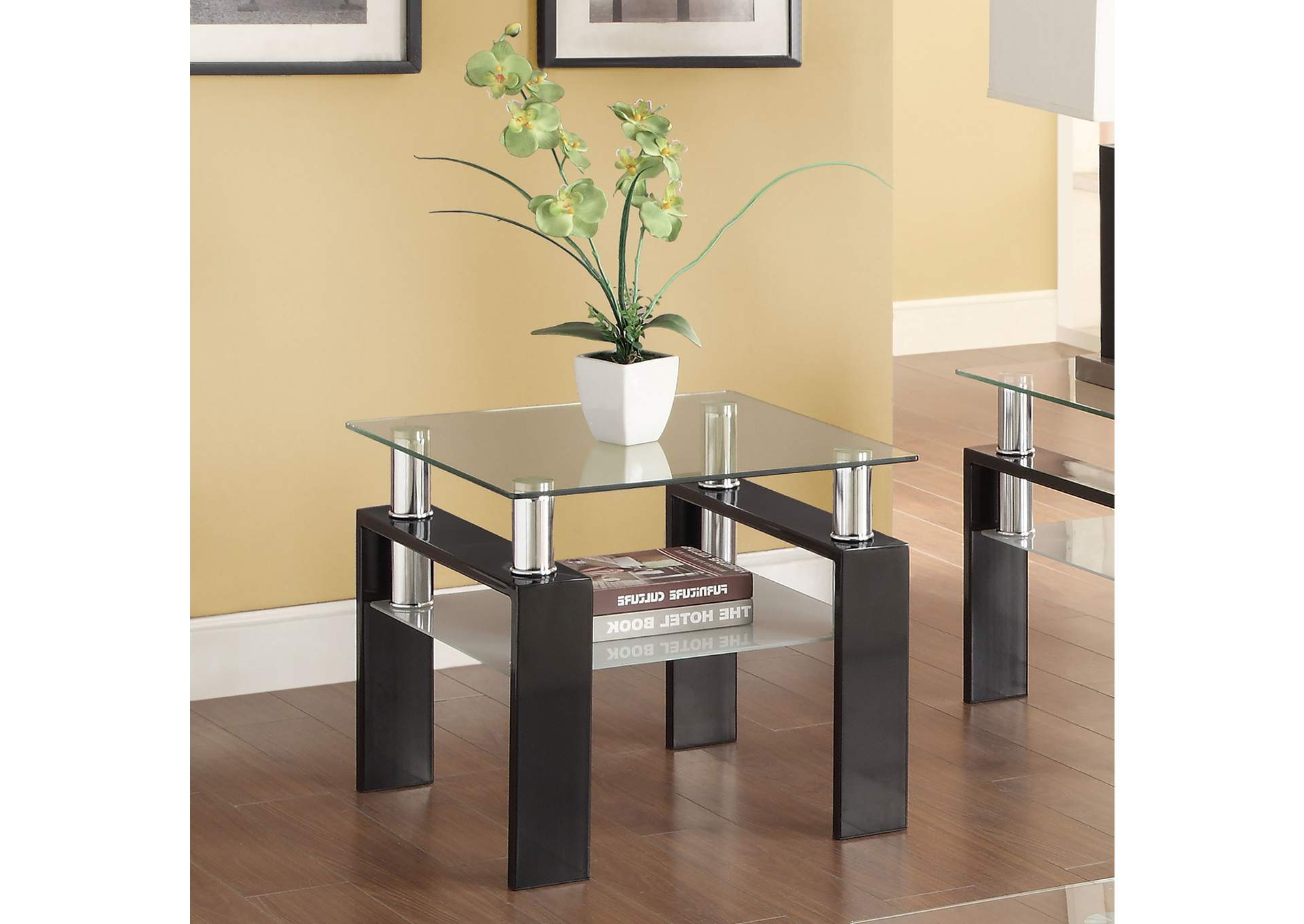 Dyer Tempered Glass End Table with Shelf Black,Coaster Furniture