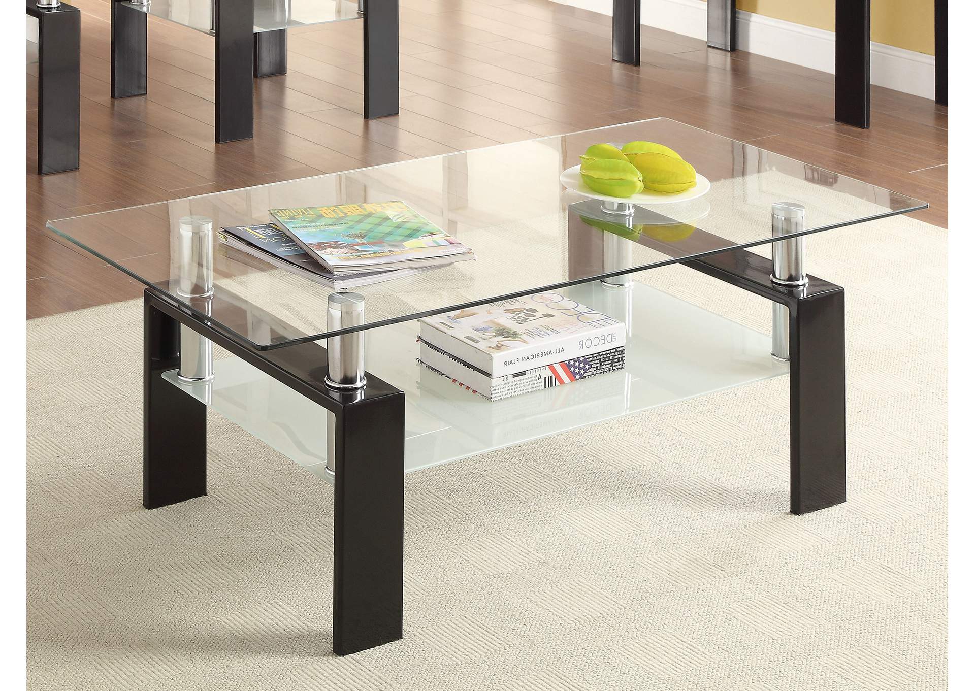 Dyer Tempered Glass Coffee Table with Shelf Black,Coaster Furniture