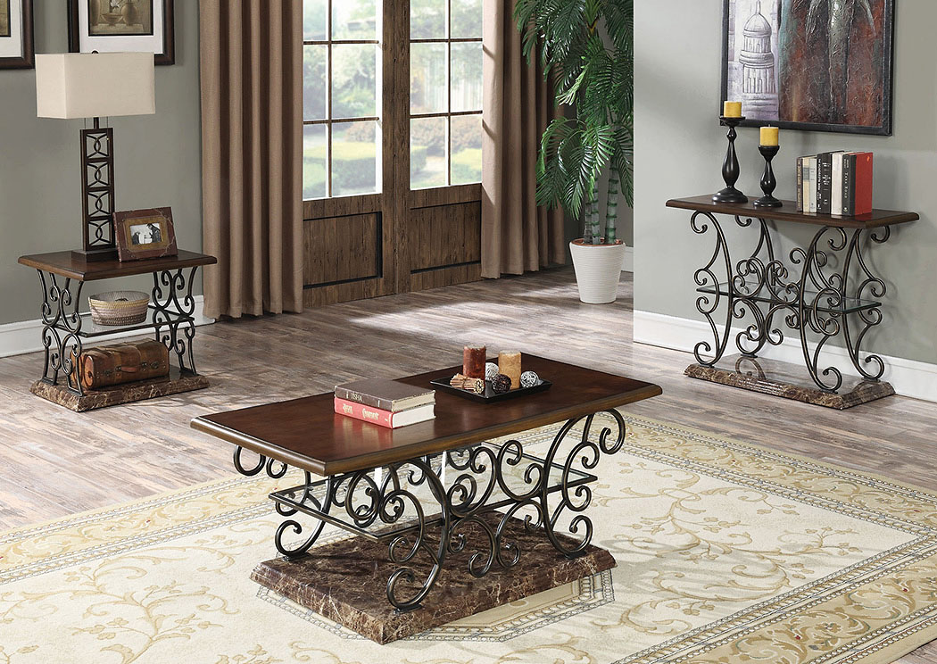 Coffee Sofa Table w/Metal Scrollwork & Faux Marble Base,ABF Coaster Furniture