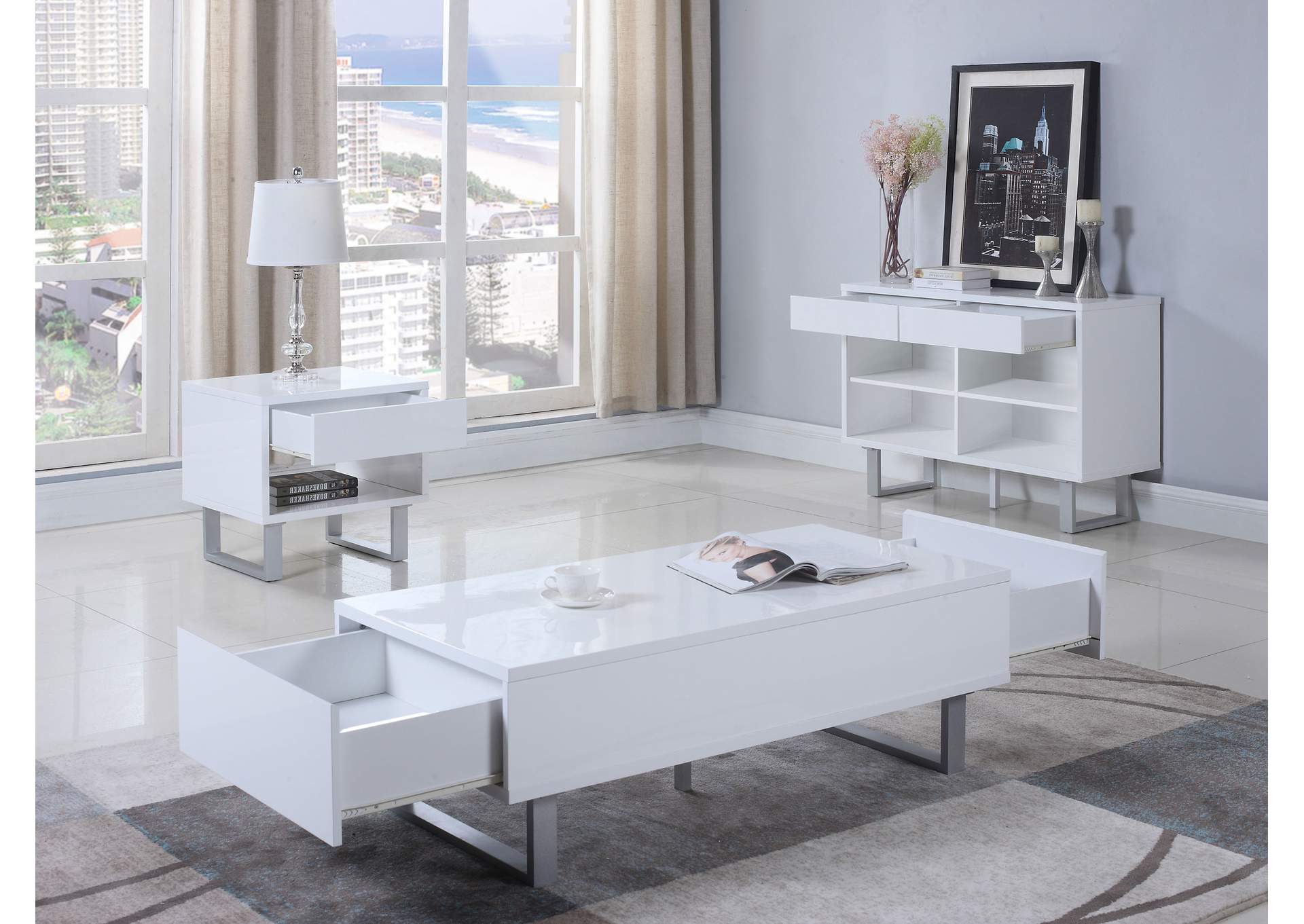 Atchsion 2-drawer Coffee Table High Glossy White,Coaster Furniture