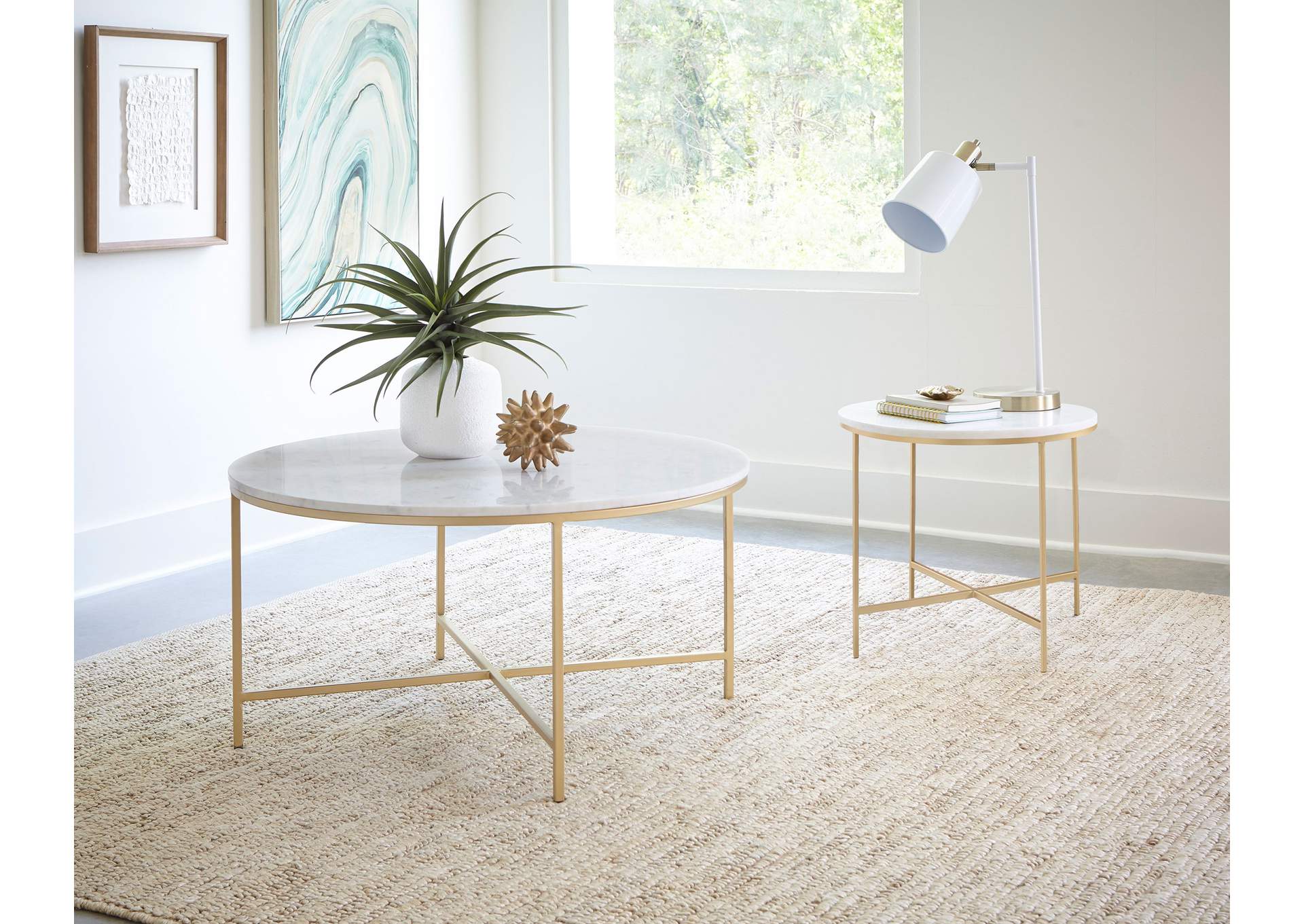 Ellison Round X-cross End Table White and Gold,Coaster Furniture