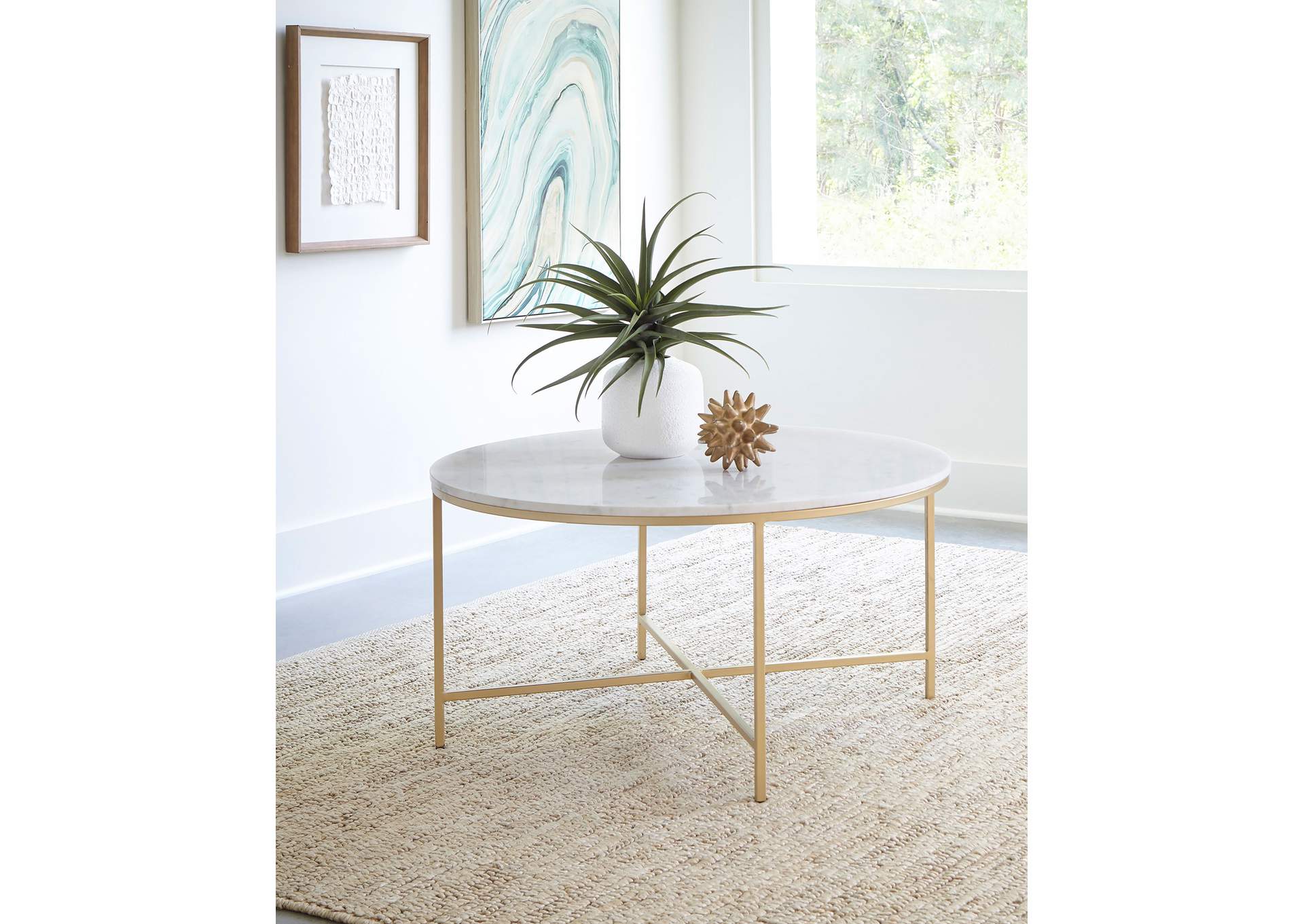 Ellison Round X-cross Coffee Table White and Gold,Coaster Furniture