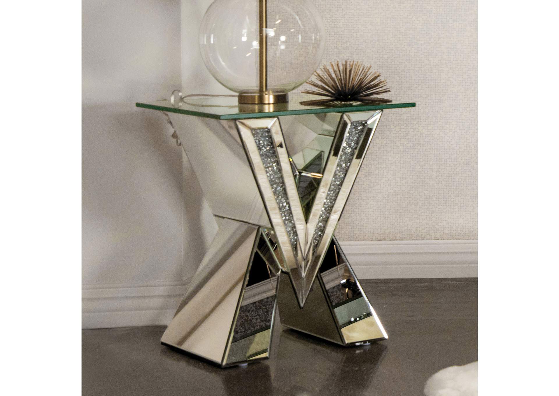 Taffeta V-shaped End Table with Glass Top Silver,Coaster Furniture