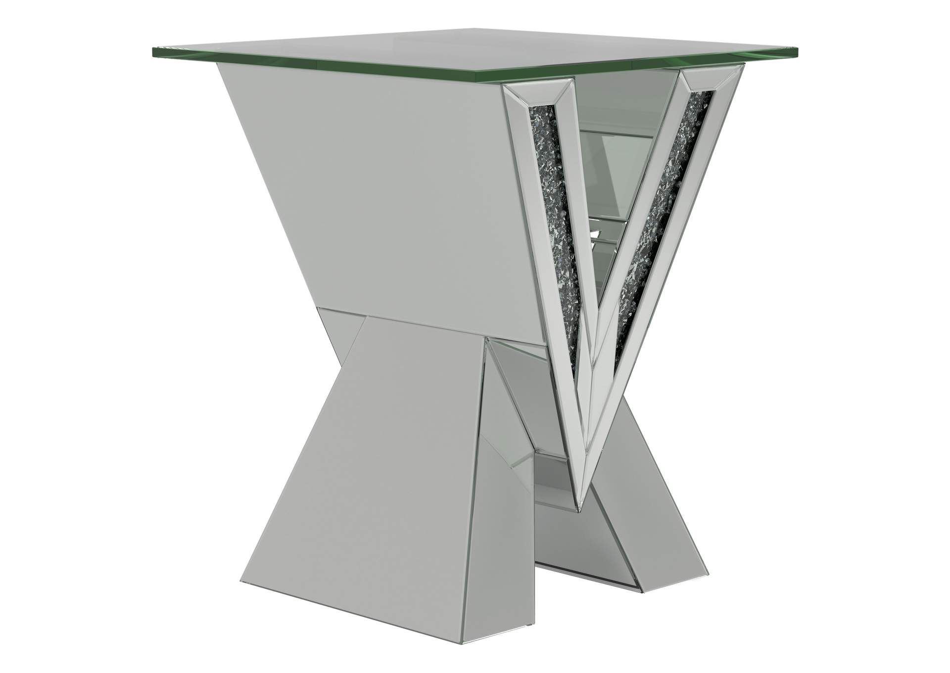 Taffeta V-shaped End Table with Glass Top Silver,Coaster Furniture