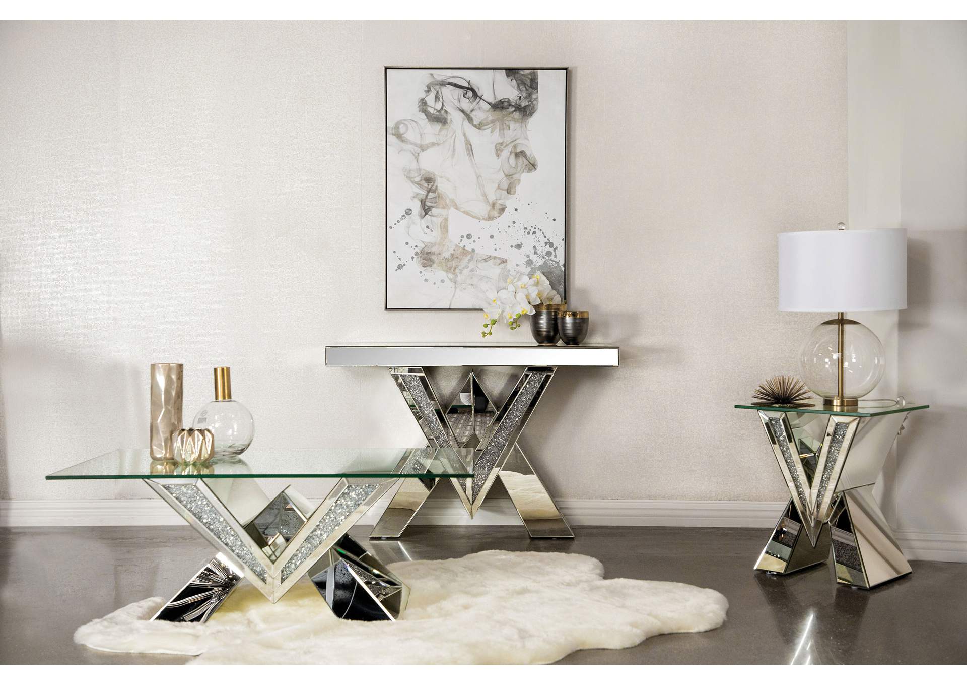 Taffeta V-shaped End Table with Glass Top Silver,Coaster Furniture