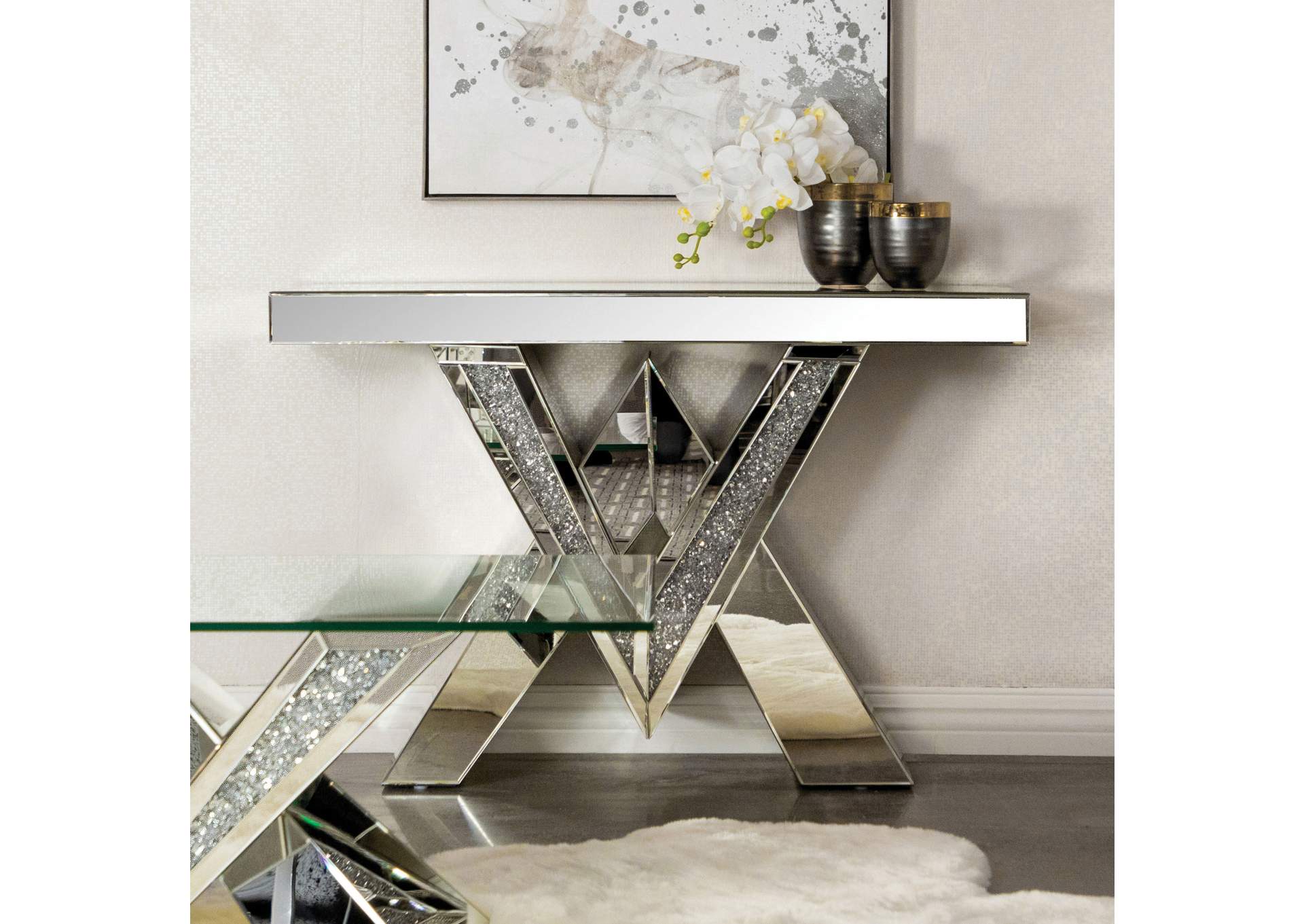 Taffeta V-shaped Sofa Table with Glass Top Silver,Coaster Furniture