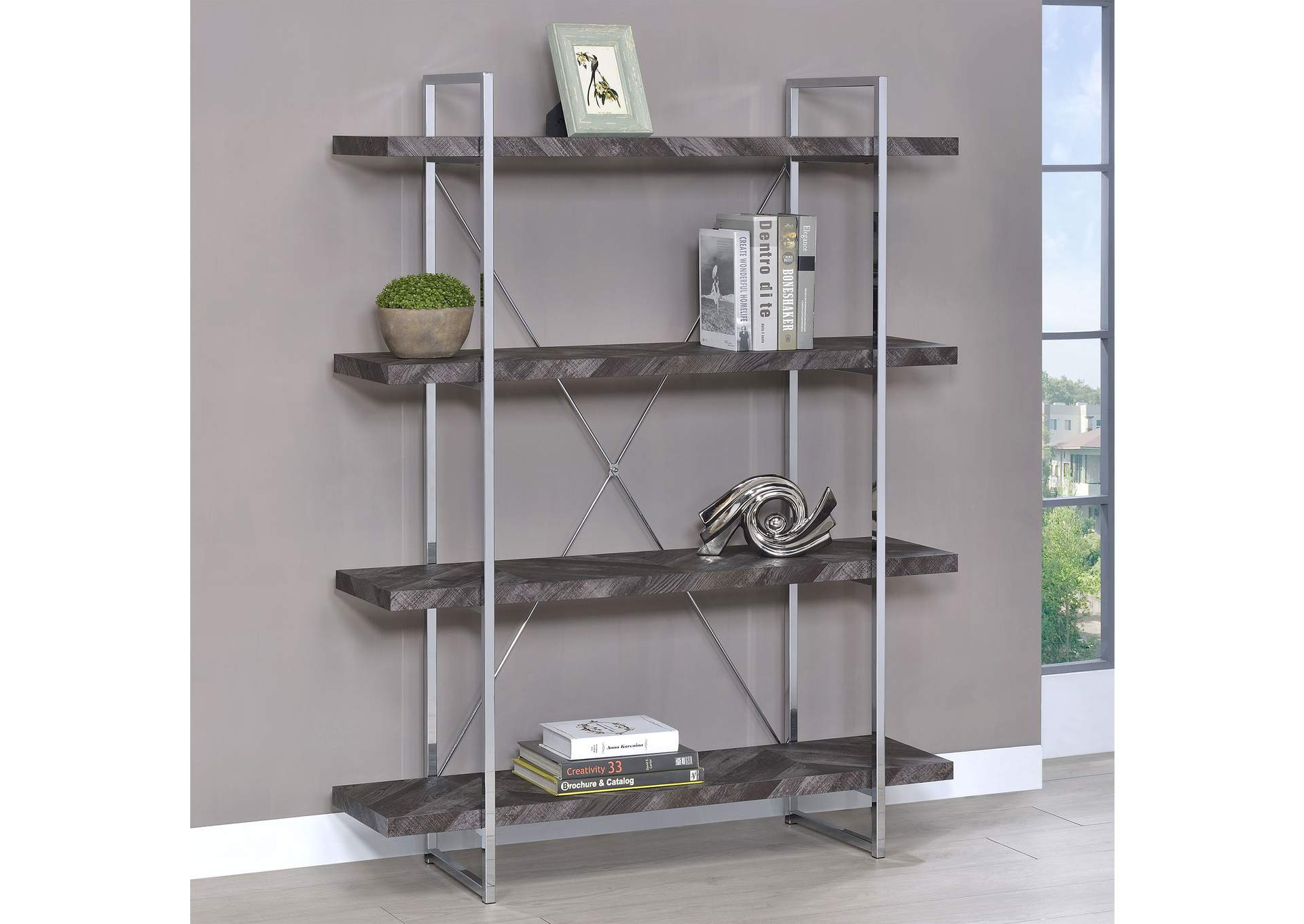 Grimma 4-shelf Bookcase Rustic Grey Herringbone,Coaster Furniture