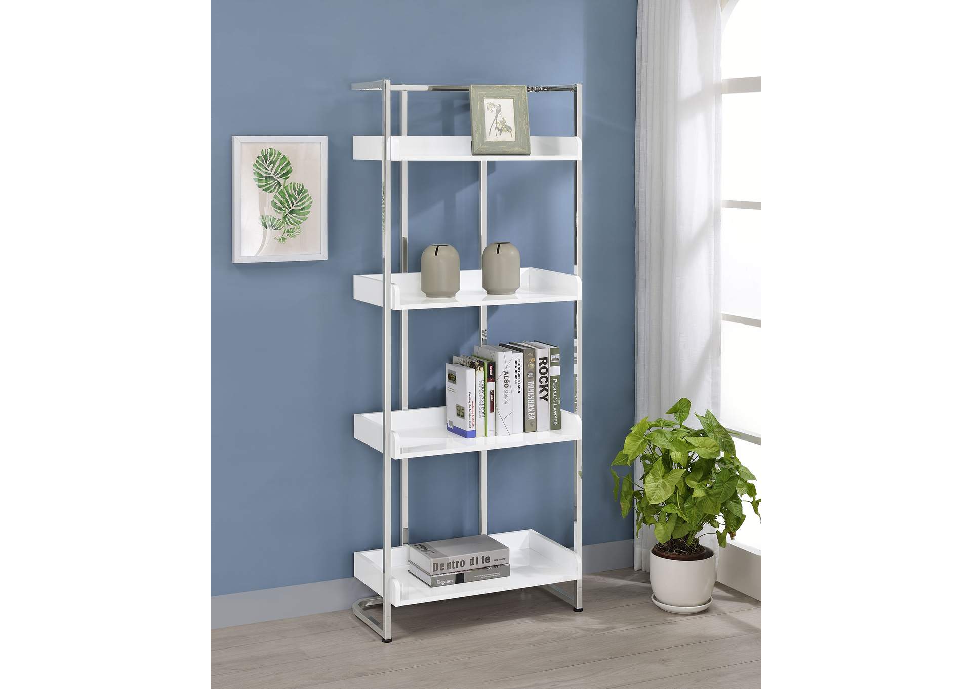 Ember 4-shelf Bookcase White High Gloss and Chrome,Coaster Furniture