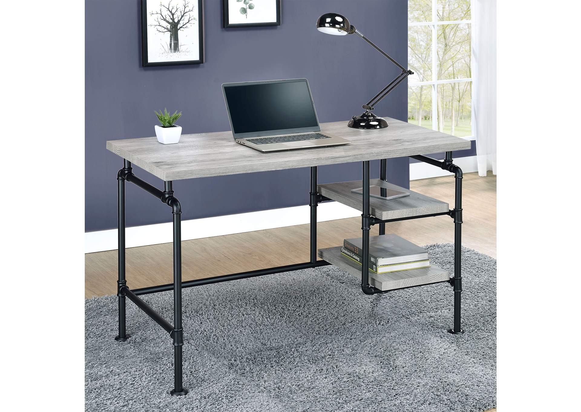 Delray 2-tier Open Shelving Writing Desk Grey Driftwood and Black,Coaster Furniture