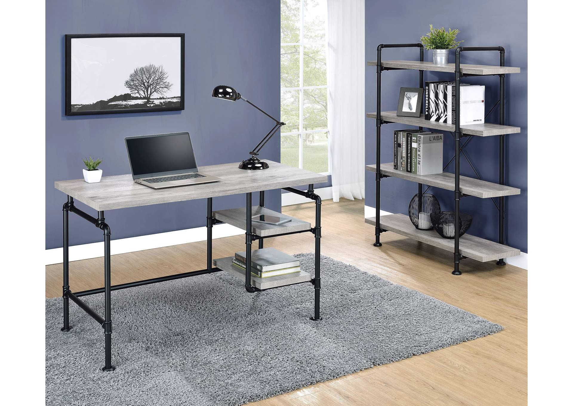 Delray 2-tier Open Shelving Writing Desk Grey Driftwood and Black,Coaster Furniture