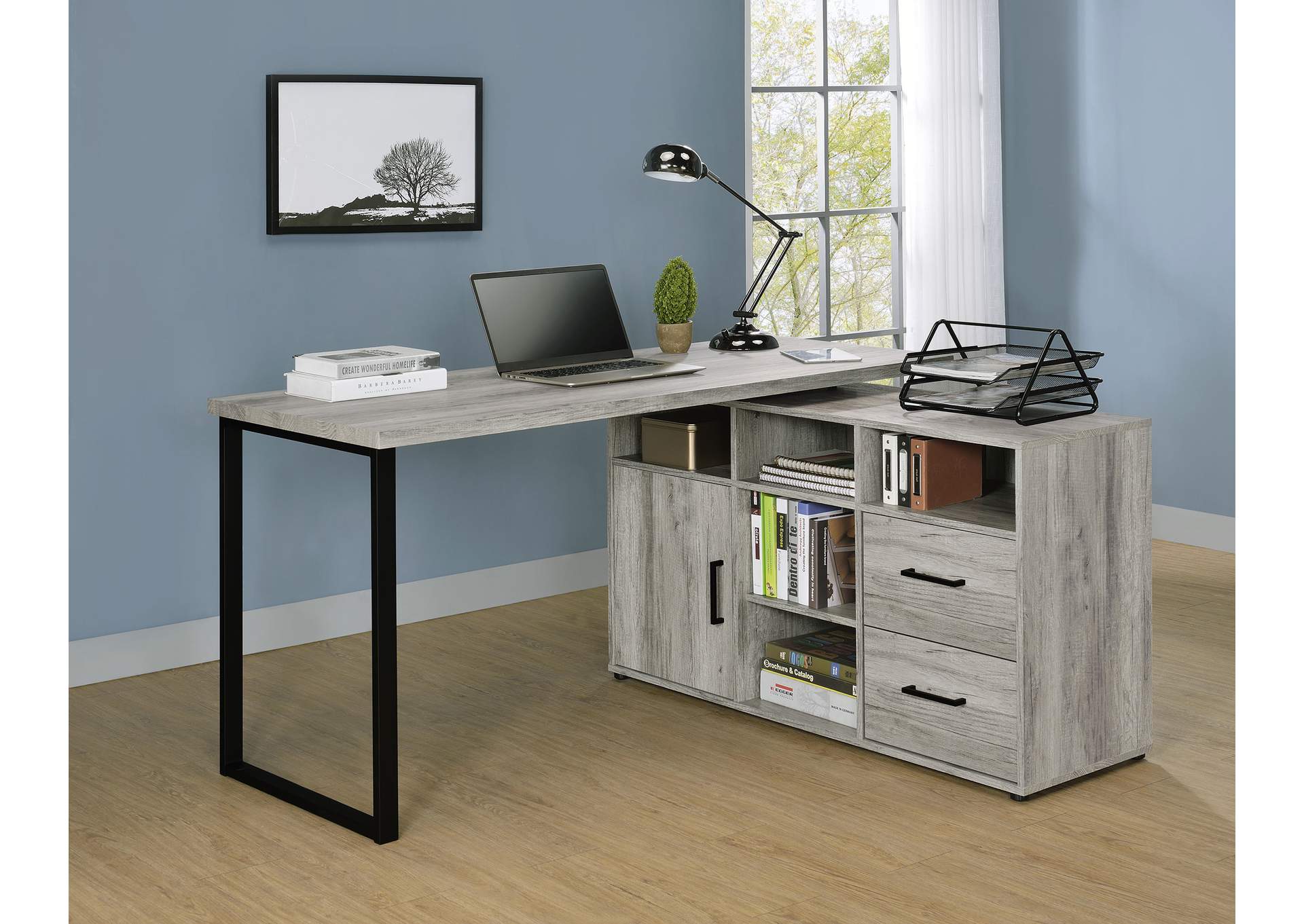 Hertford L-shape Office Desk with Storage Grey Driftwood,Coaster Furniture