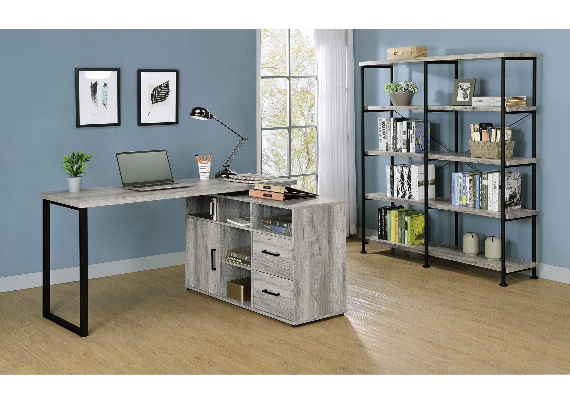 Hertford L-shape Office Desk with Storage Grey Driftwood,Coaster Furniture