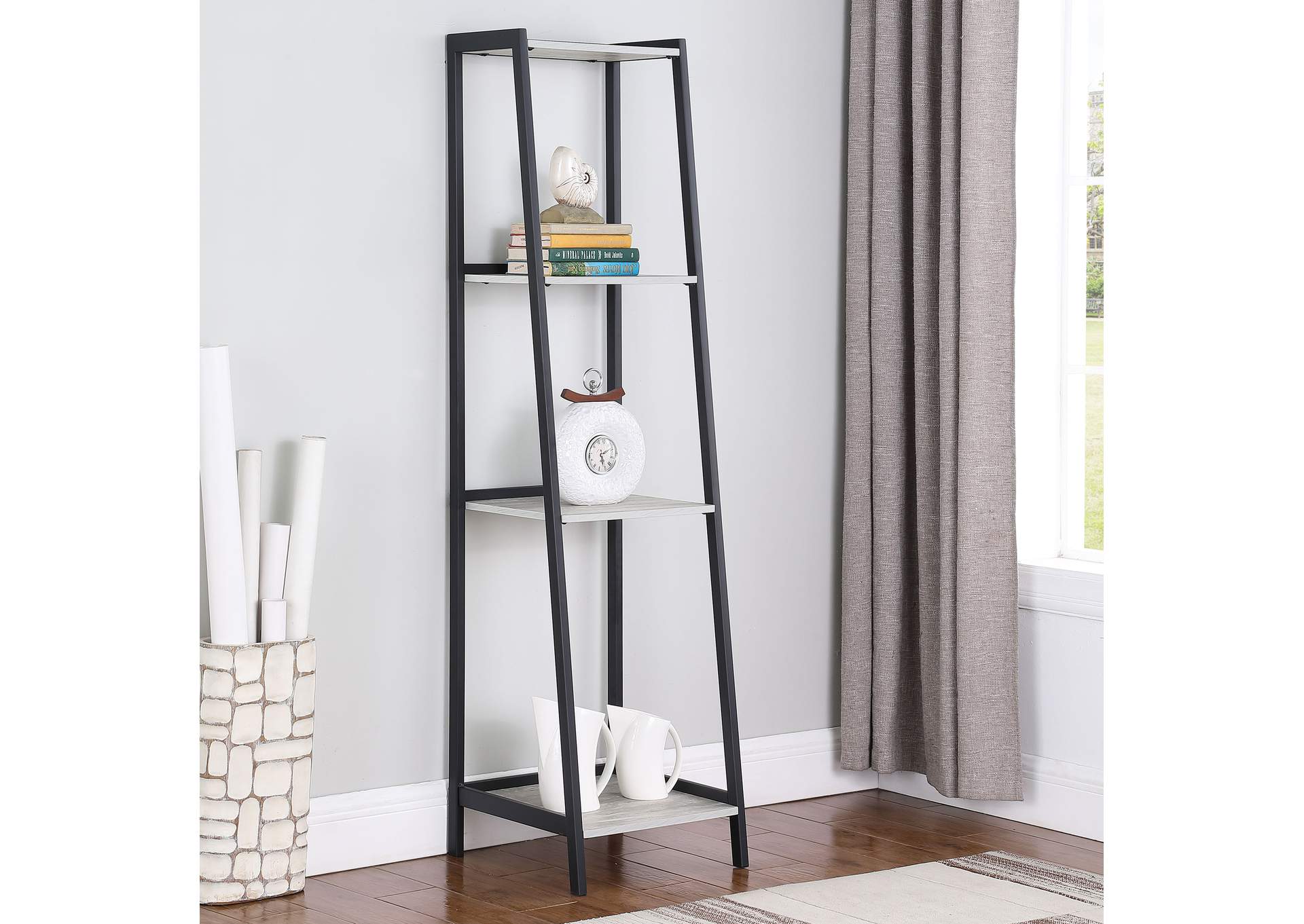 Pinckard 4-shelf Ladder Bookcase Grey Stone Herringbone and Black,Coaster Furniture