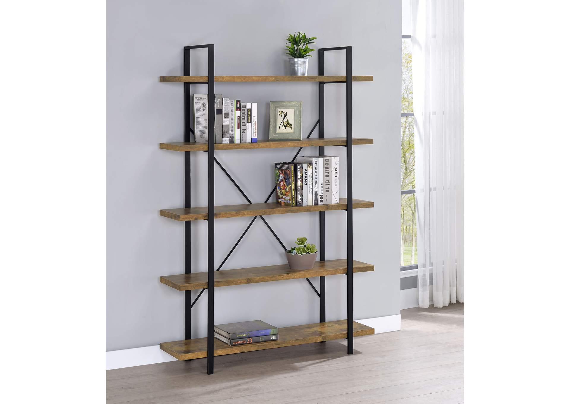 Cole 5-Shelf Bookcase Antique Nutmeg and Black,Coaster Furniture