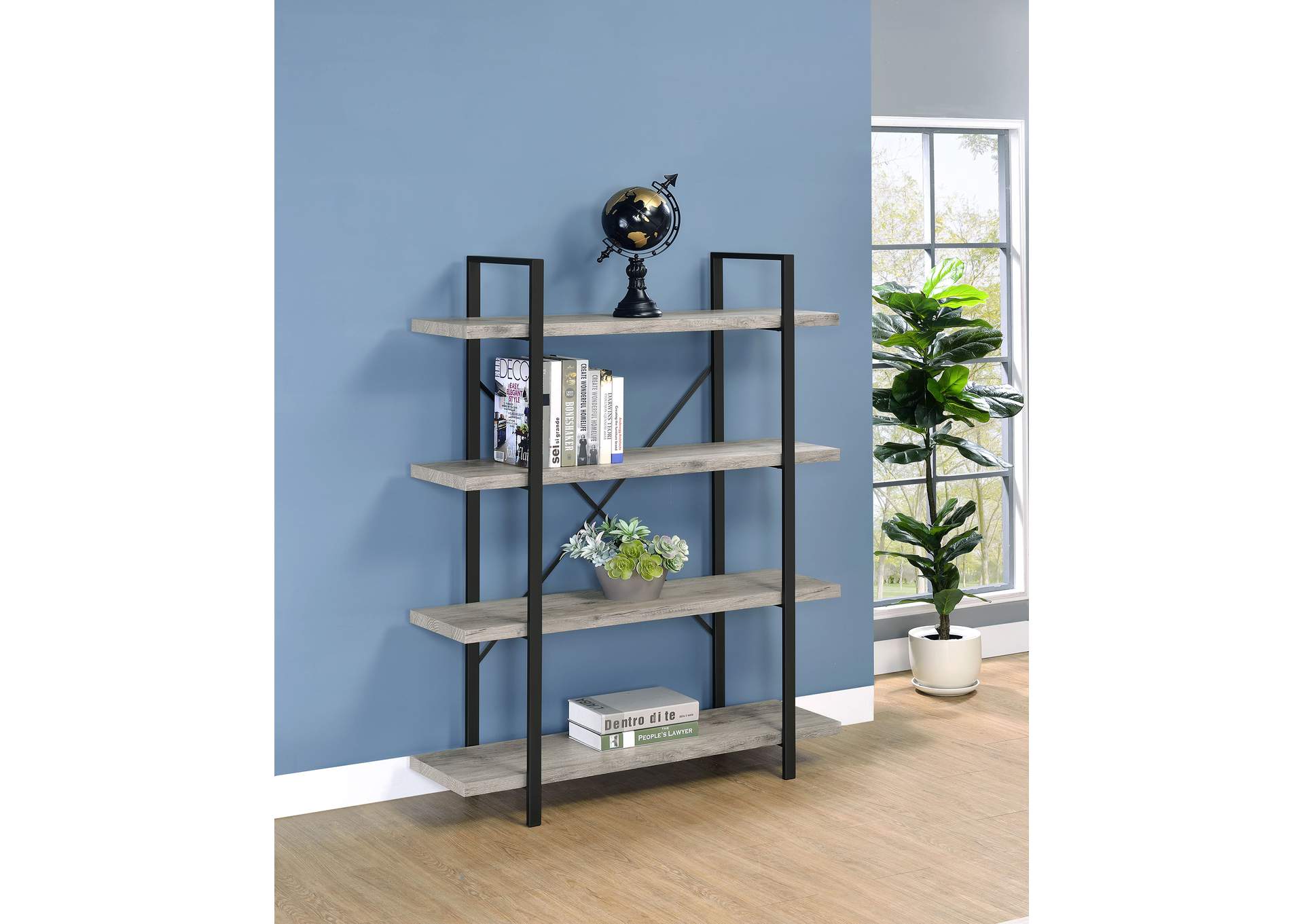 Cole 4-Shelf Bookcase Grey Driftwood and Gunmetal,Coaster Furniture