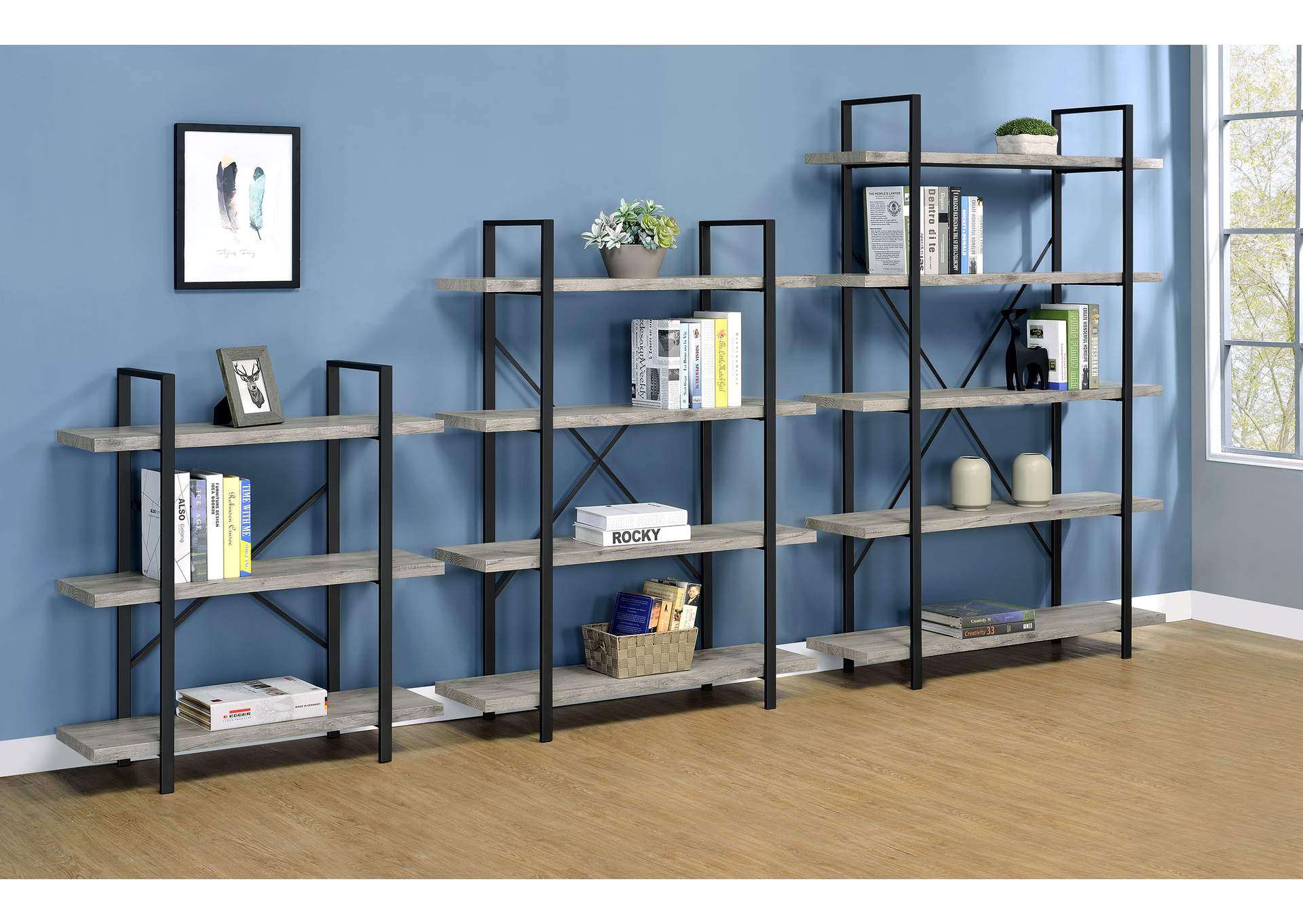 Cole 4-Shelf Bookcase Grey Driftwood and Gunmetal,Coaster Furniture