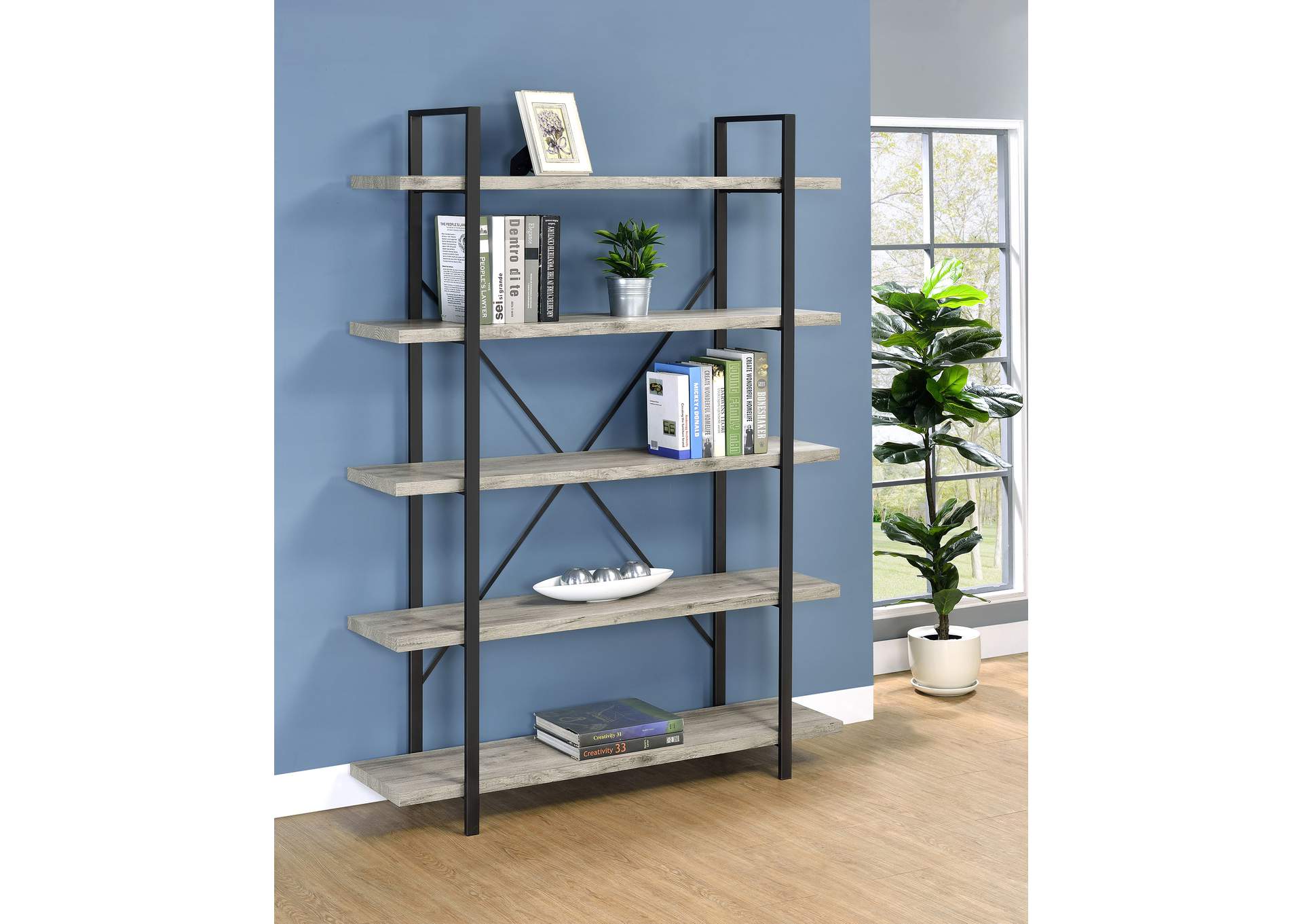 Cole 5-Shelf Bookcase Grey Driftwood and Gunmetal,Coaster Furniture