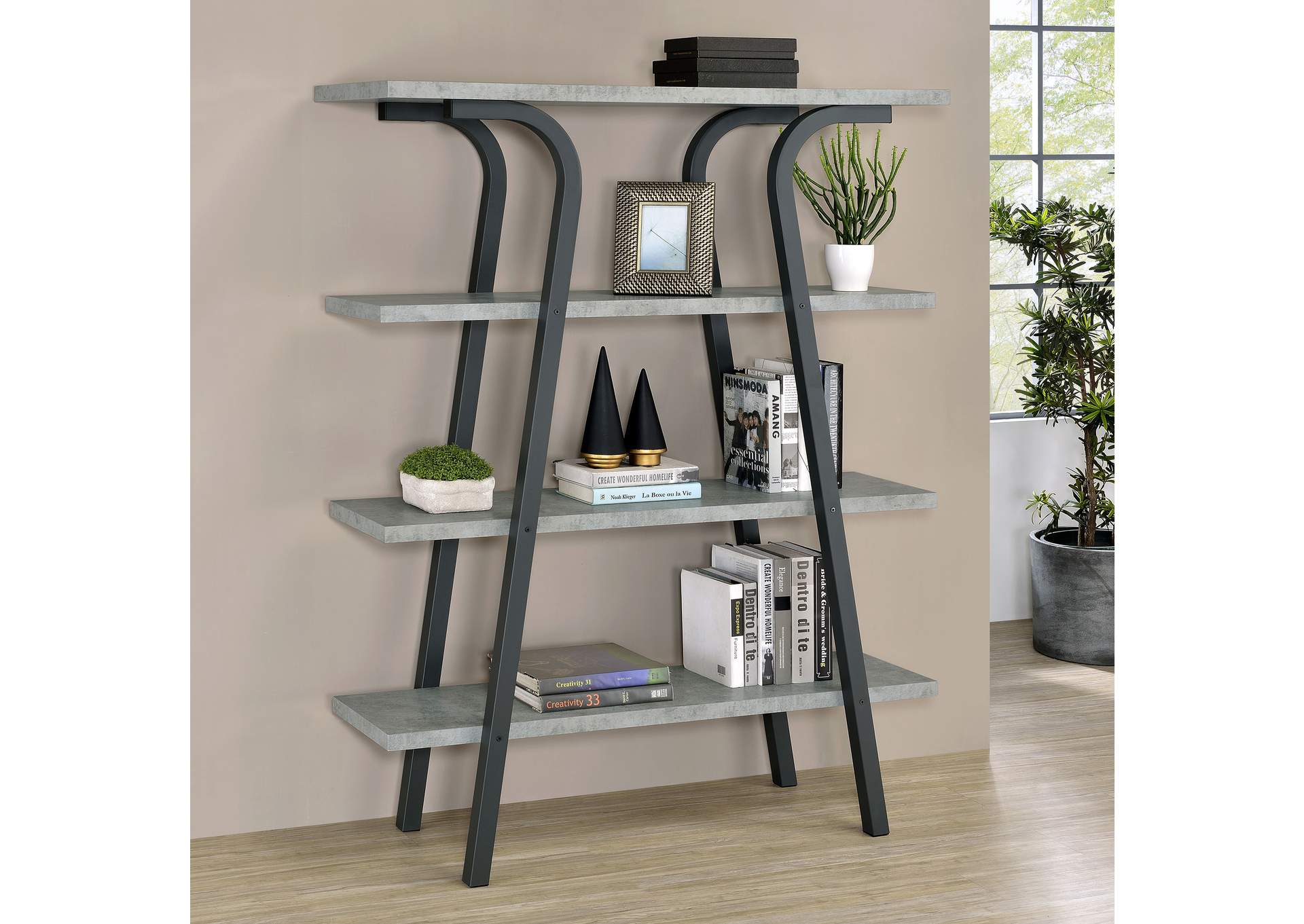 Tatum 4-tier Rectangular Bookcase Cement and Gunmetal,Coaster Furniture