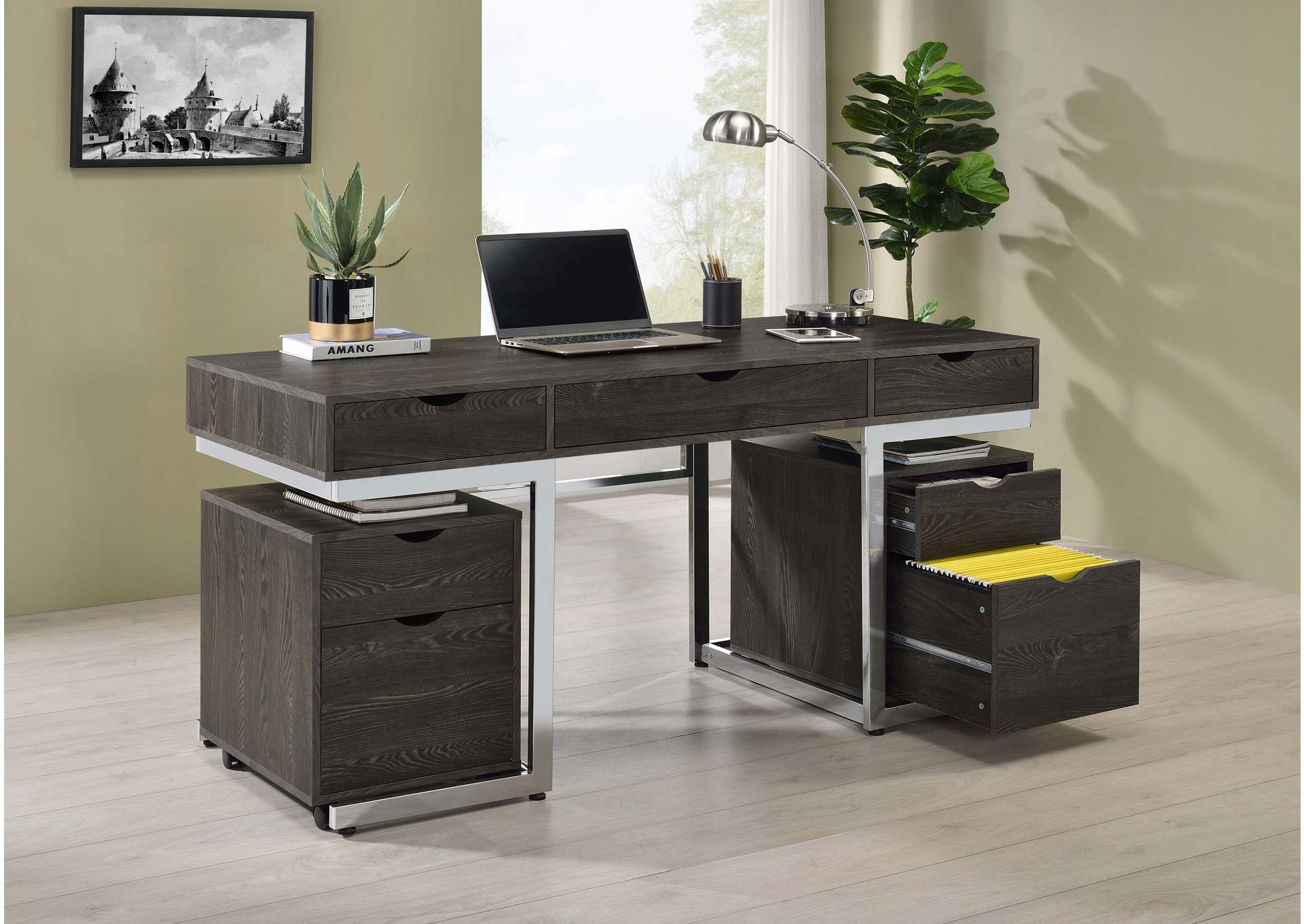 Noorvik 3-drawer Writing Desk Dark Oak and Chrome,Coaster Furniture