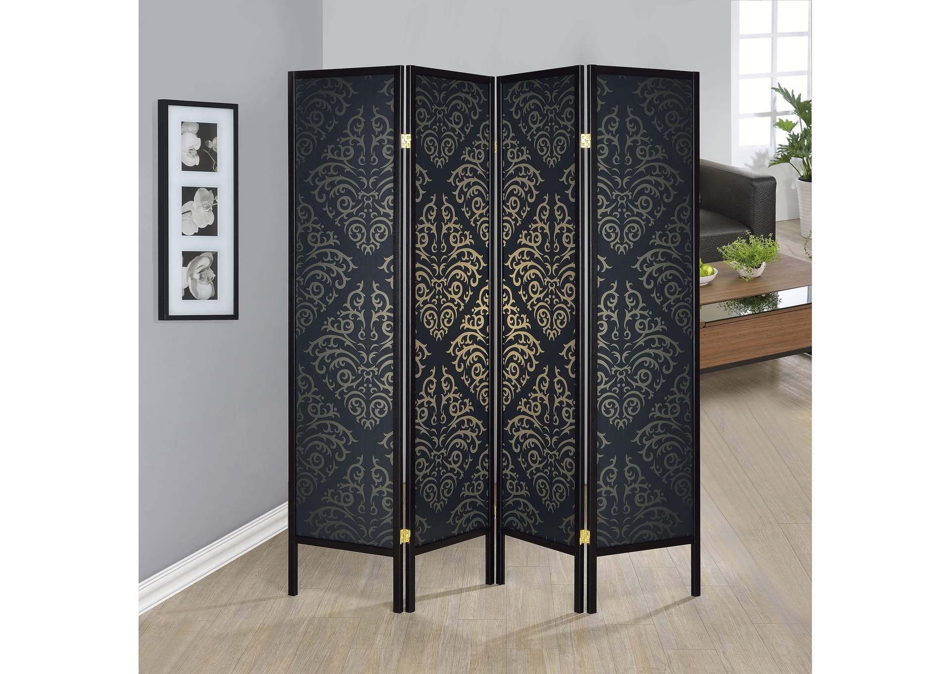 Haidera 4-panel Damask Pattern Folding Screen Black,Coaster Furniture