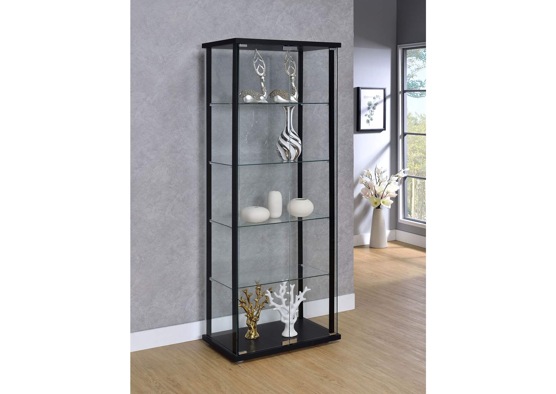 Delphinium 5-shelf Glass Curio Cabinet Black and Clear,Coaster Furniture