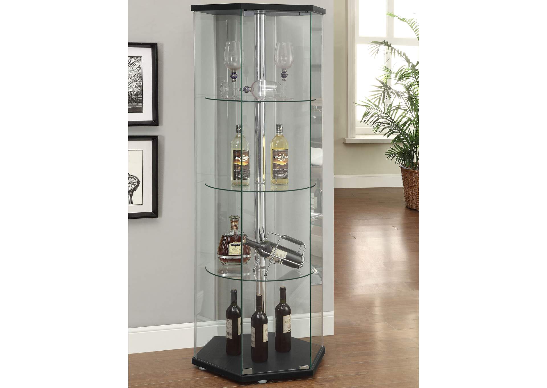 Zahavah 4-shelf Hexagon Shaped Curio Cabinet Black and Clear,Coaster Furniture