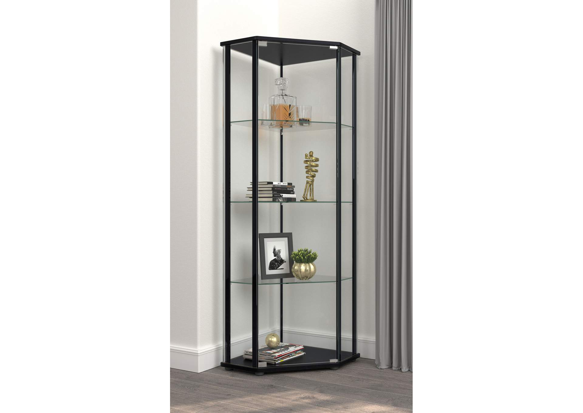 Zenobia Glass Shelf Curio Cabinet Clear and Black,Coaster Furniture