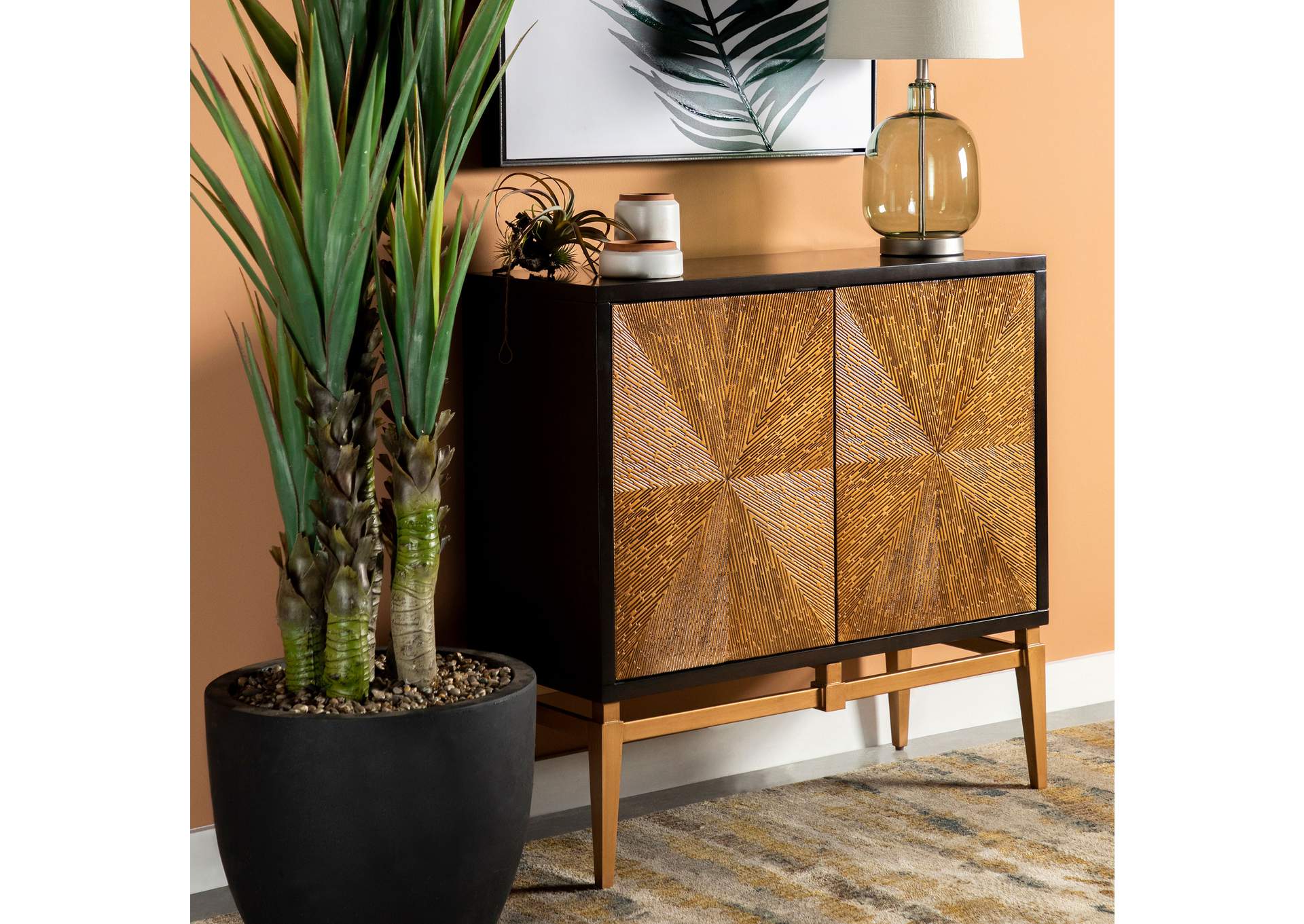 Zira Sunburst 2-door Accent Cabinet Brown and Antique Gold,Coaster Furniture