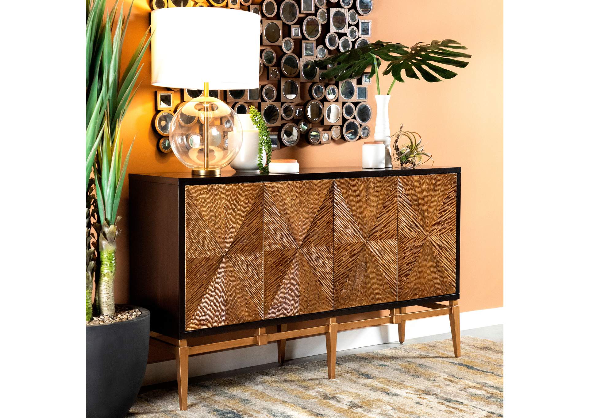 Zira Sunburst 4-door Accent Cabinet Brown and Antique Gold,Coaster Furniture