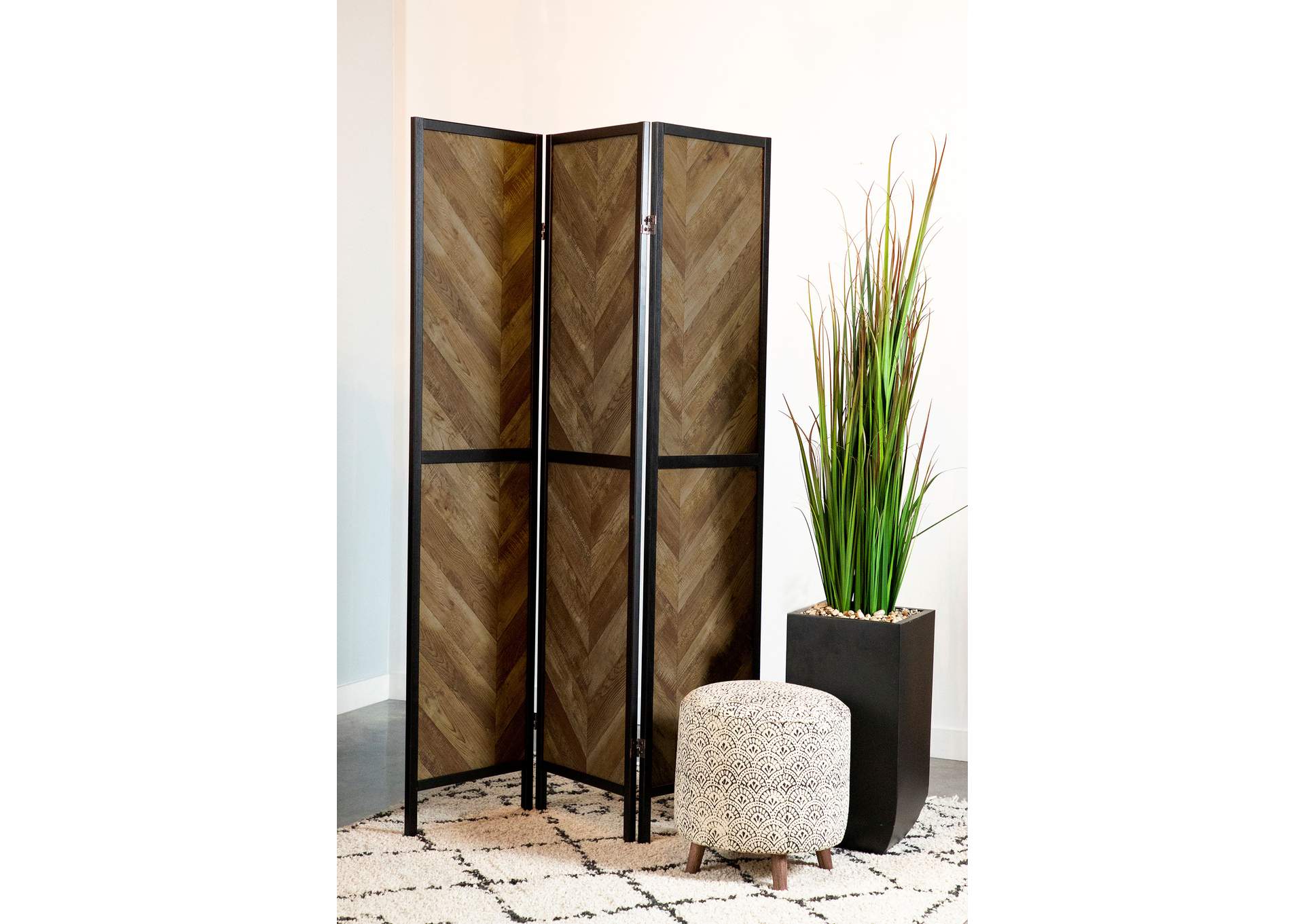 Marlene Herringbone Pattern 3-Panel Screen Rustic Tobacco and Black,Coaster Furniture