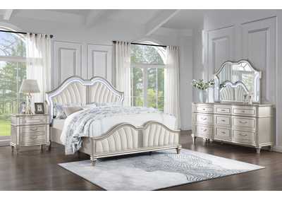 Image for Evangeline 4-piece Upholstered Platform Eastern King Bedroom Set Ivory and Silver Oak