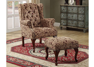 Tan & Cherry Button Tufted Wing Chair w/ Ottoman