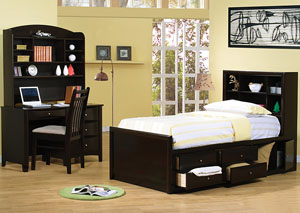 Phoenix Cappuccino Twin Bed, Desk & Hutch w/ Chair