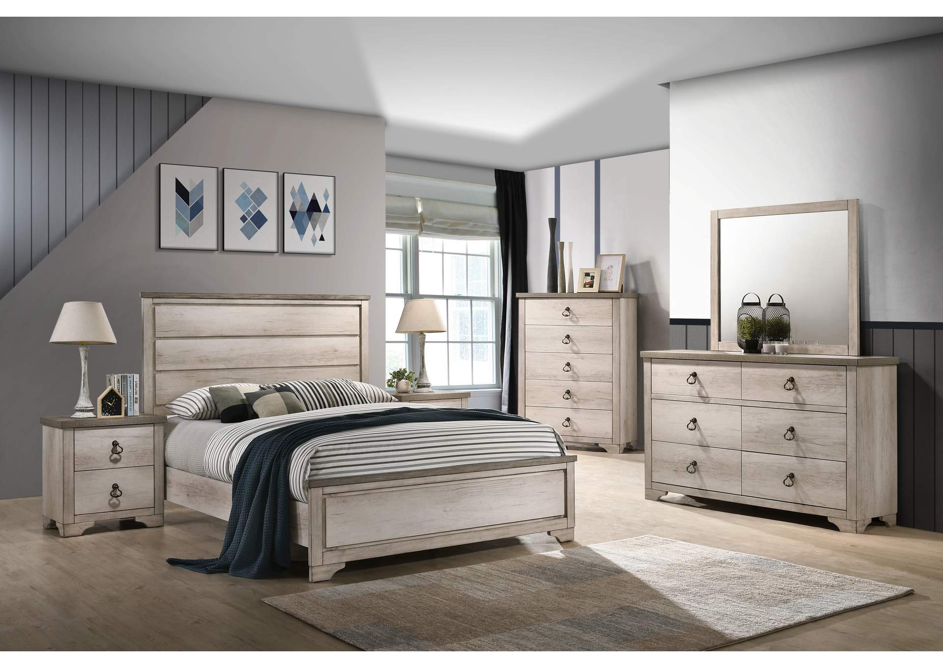 Patterson Full Bed W/ Dresser, Mirror, Nightstand, Chest,Crown Mark
