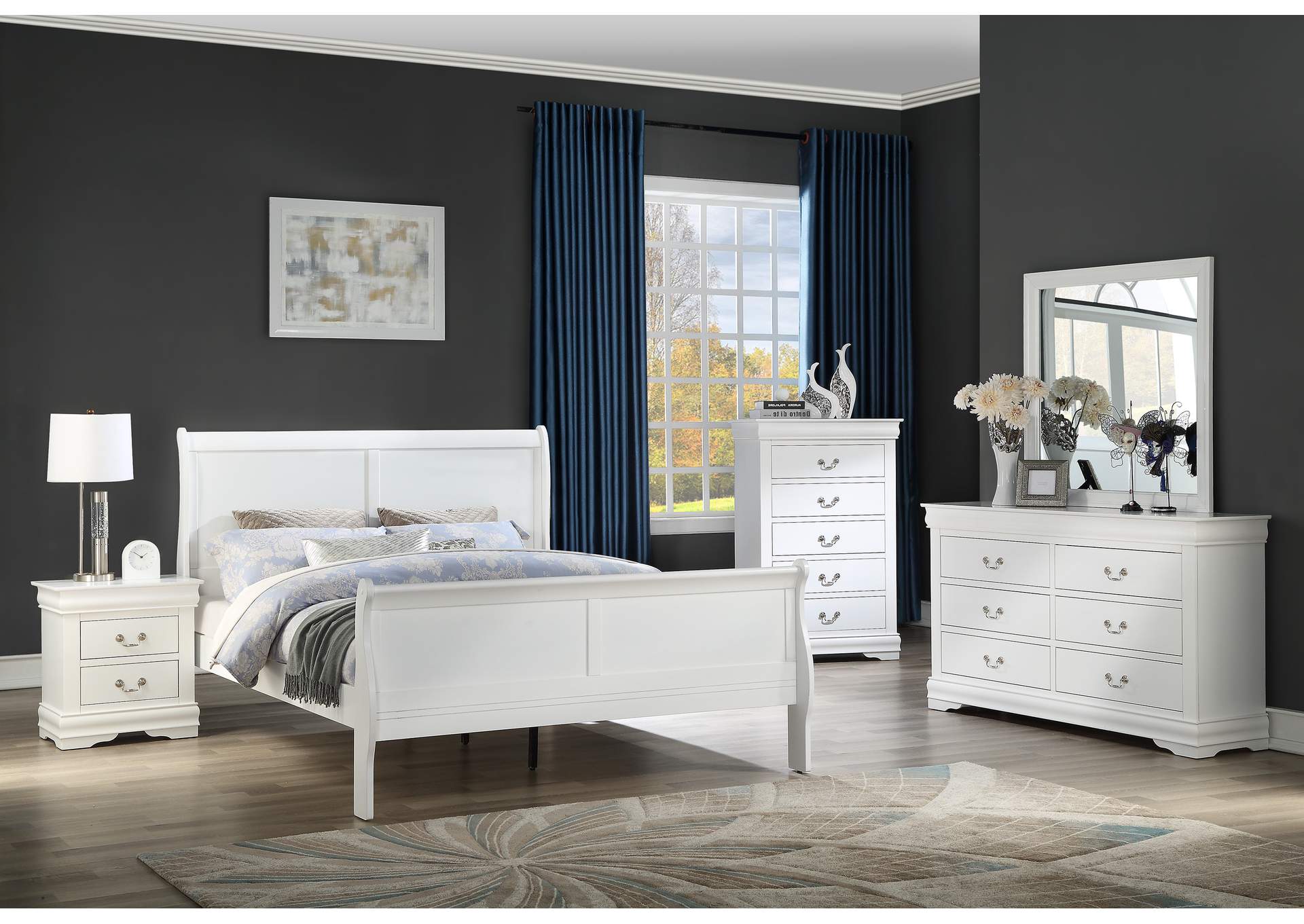 Louis Philip White Full Bed W/ Dresser, Mirror, Nightstand, Chest,Crown Mark
