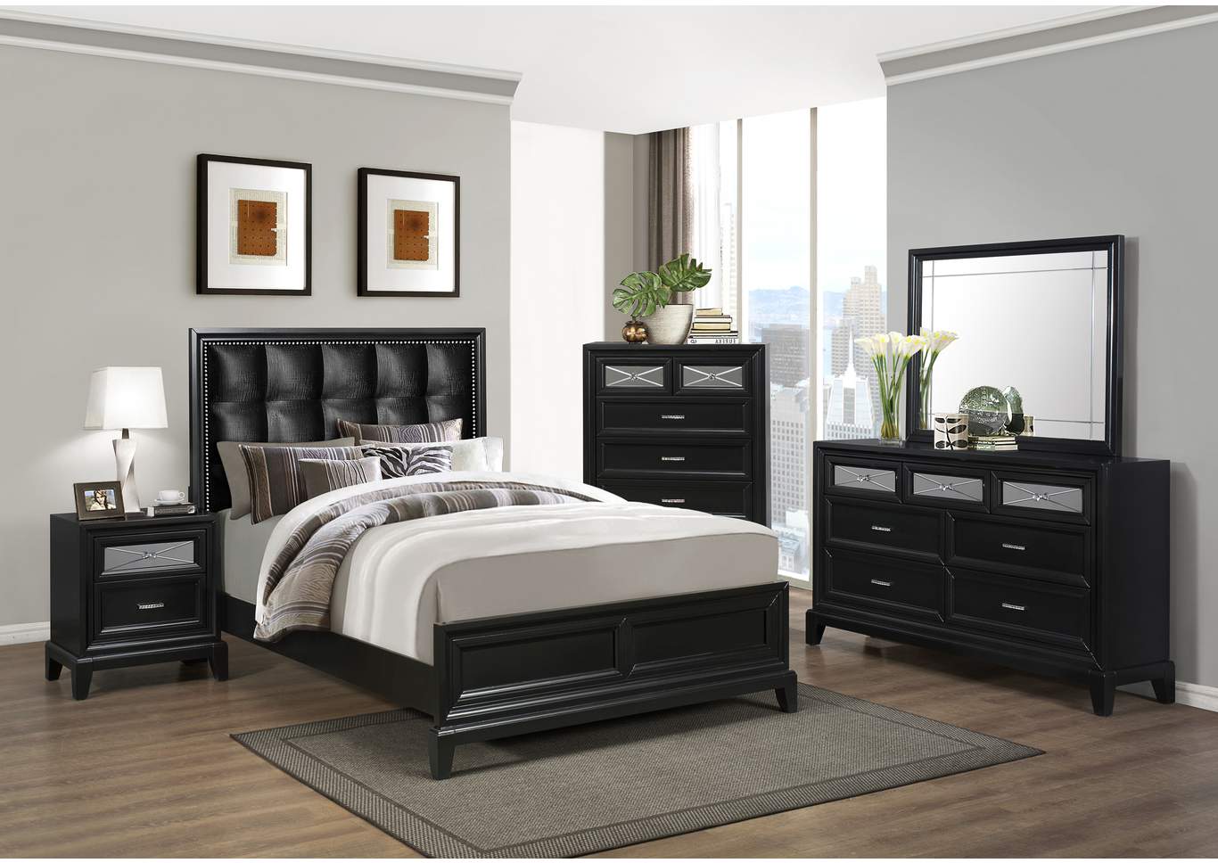 Elise Upholstered Black Queen Bed w/Dresser, Mirror and Nightstand,ABF Crown Mark