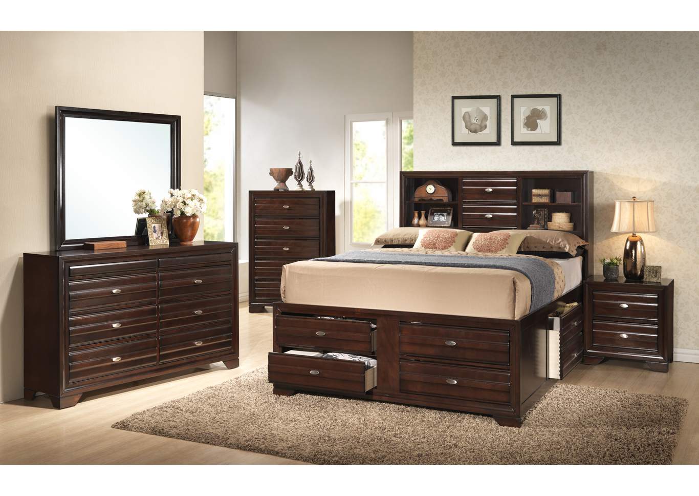 Stella Queen Captains Bed w/Dresser, Mirror and Nightstand,ABF Crown Mark
